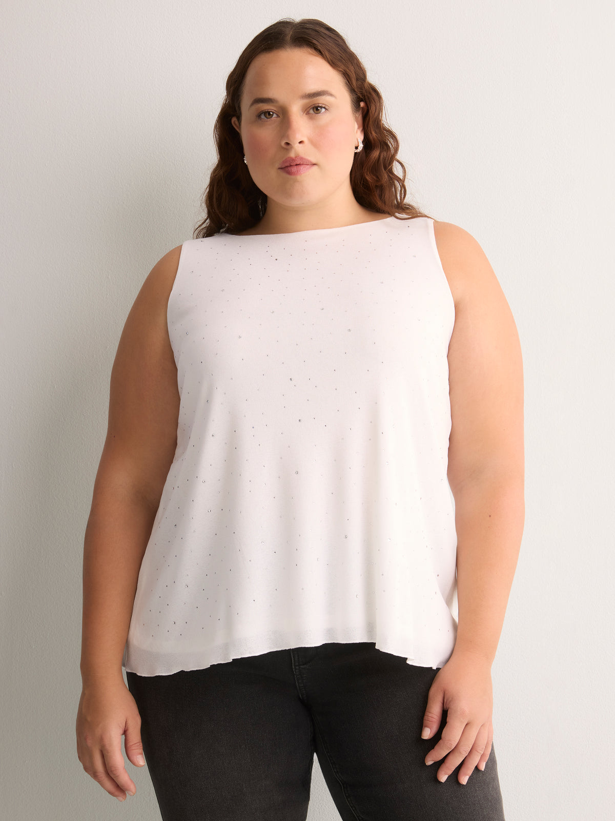 White Rhinestone Boat-Neck Swing Cami