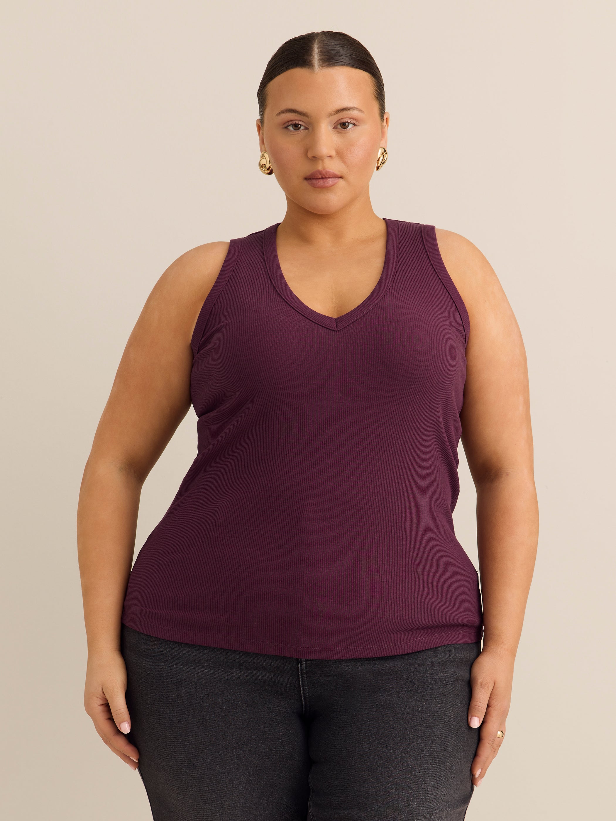 Fitted V-Neck Ribbed Knit Tank Top - Addition Elle