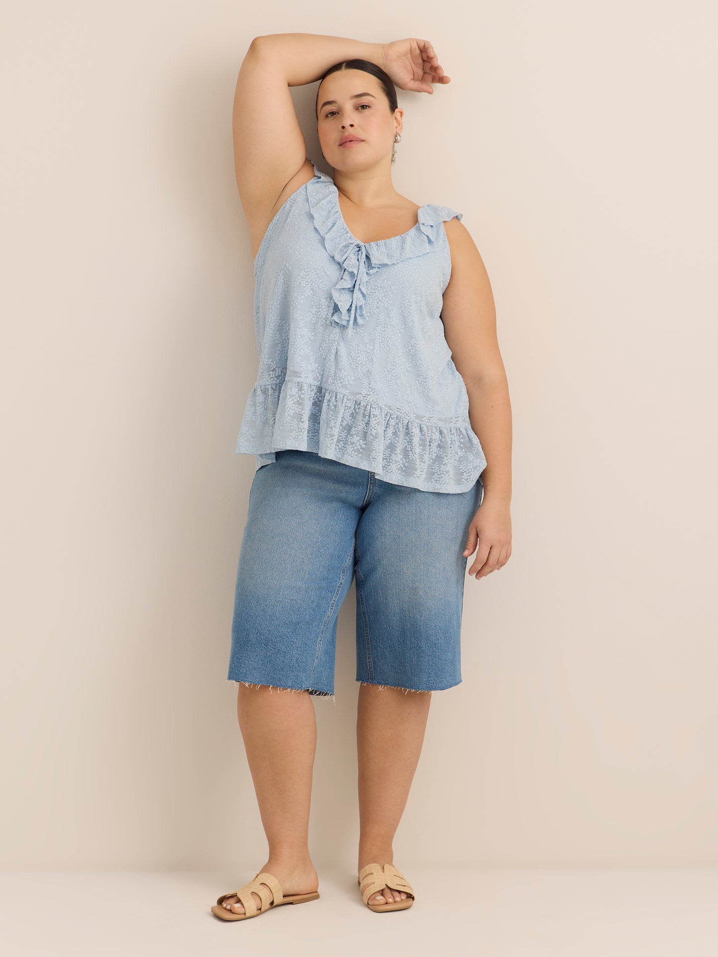 Blue Ruffled Lace Sleeveless Swing Blouse