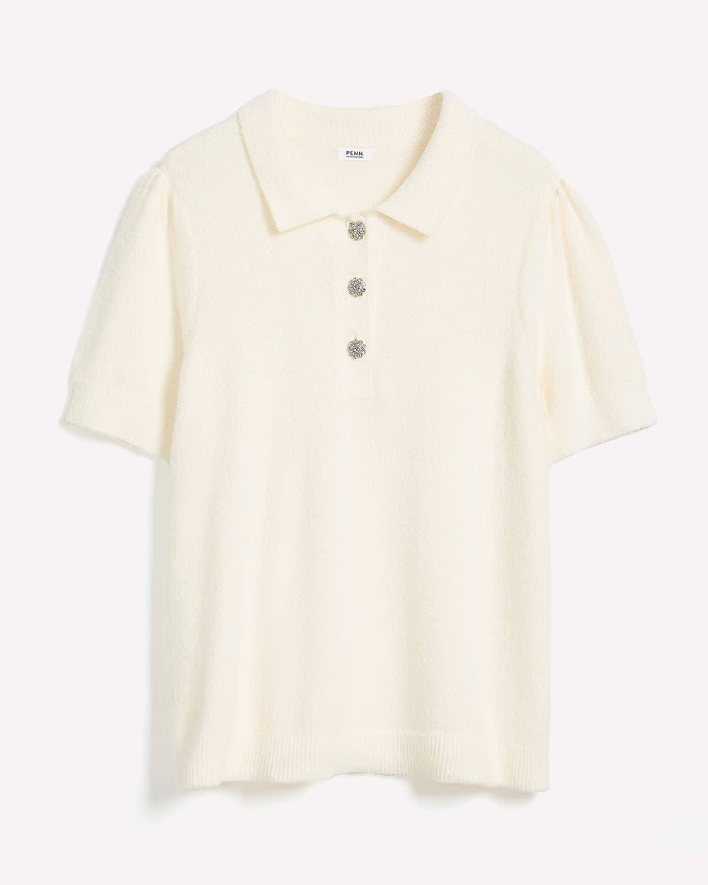 Pull duveteux à manches courtes et col polo avec boutons de fantaisie