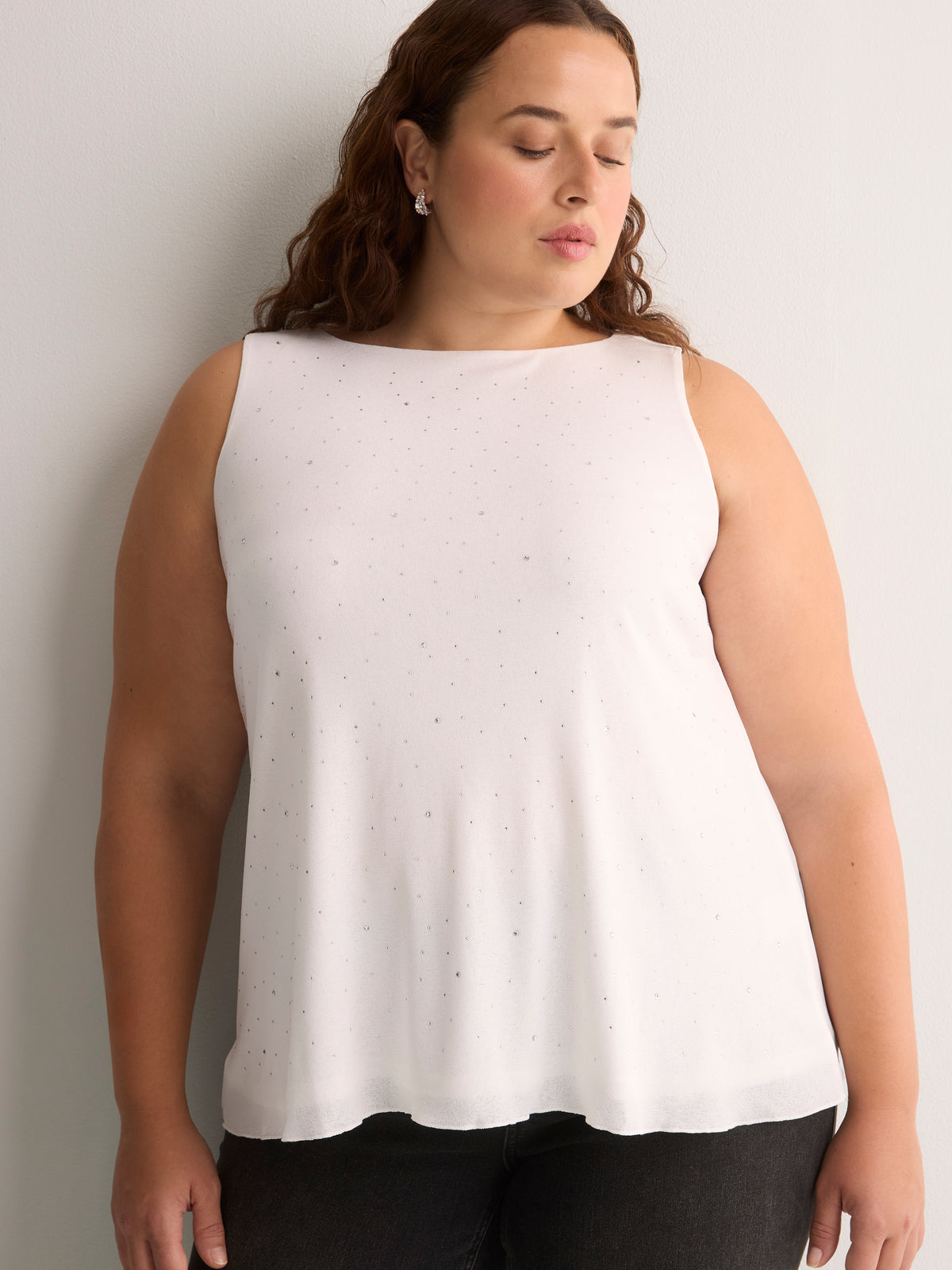 White Rhinestone Boat-Neck Swing Cami