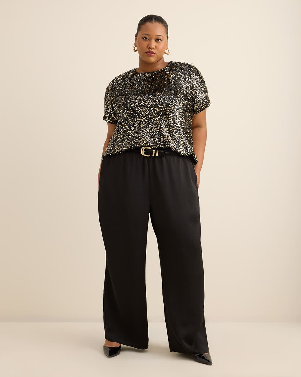 Short-Sleeve Sequins Crewneck Top