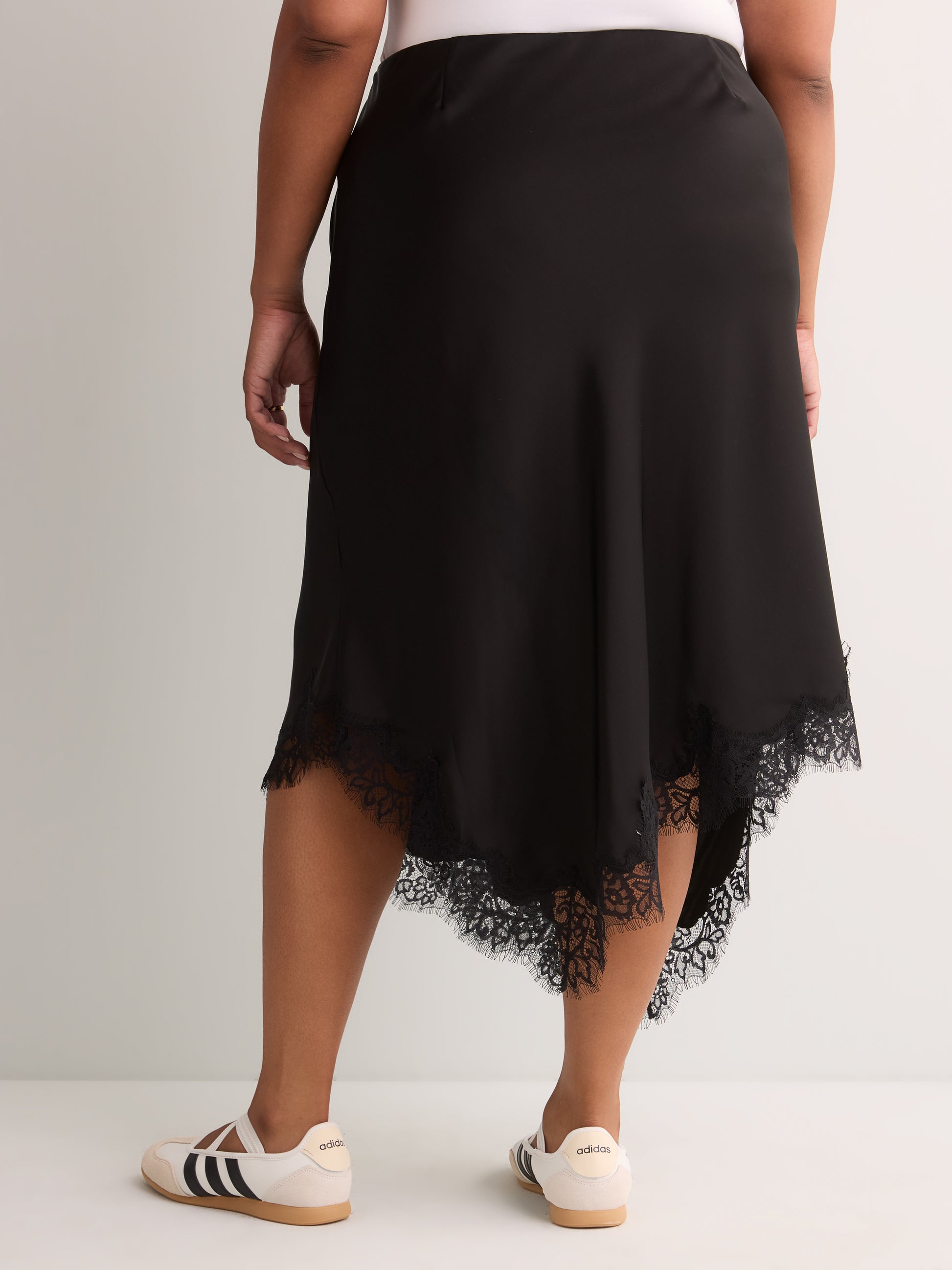 Black Satin Midi Skirt with Lace Hem