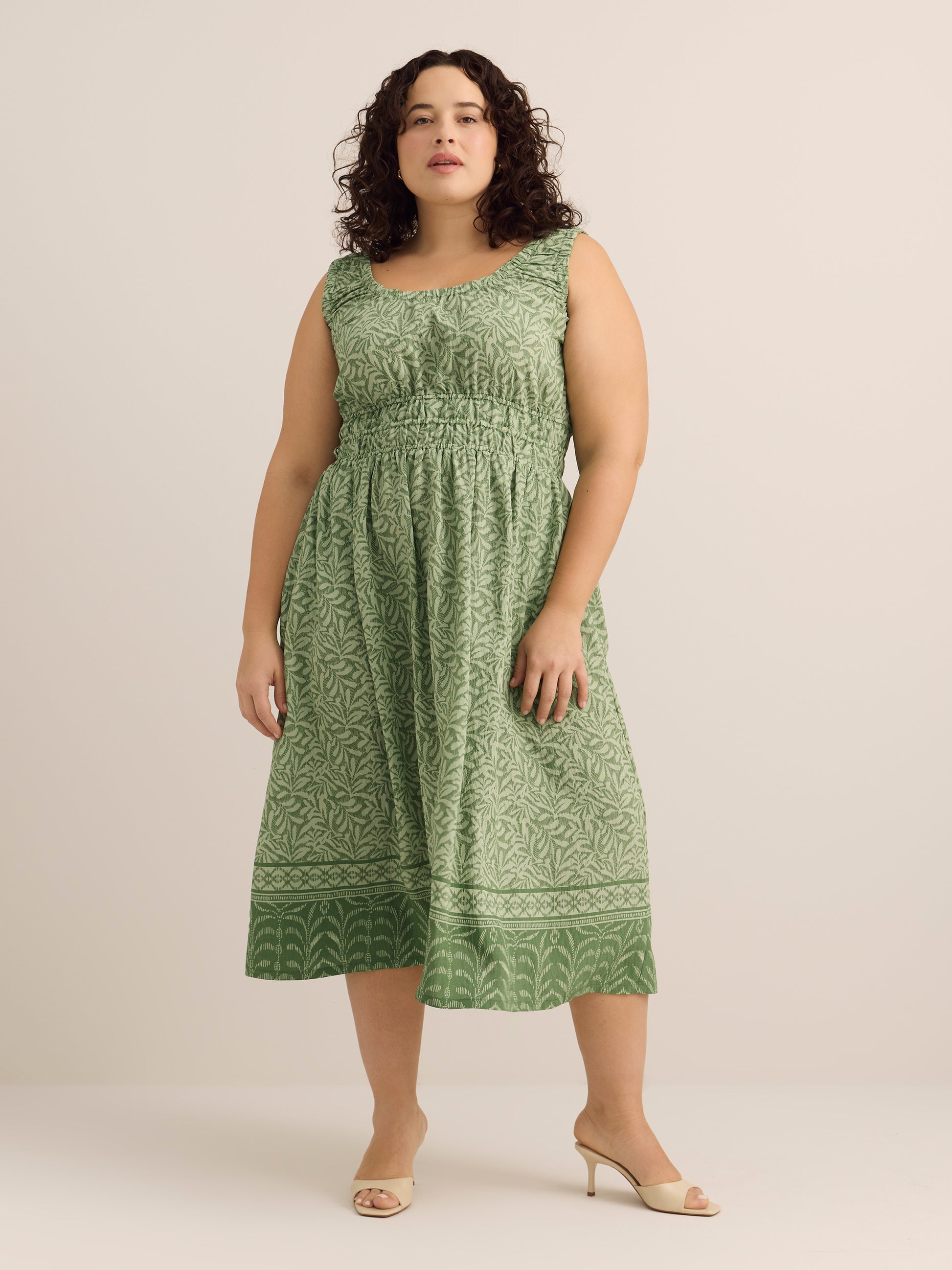 Green Printed Sleeveless Midi Dress with Elastic Waist