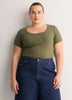 Grey Pointelle Knit Fitted Short-Sleeve T-Shirt