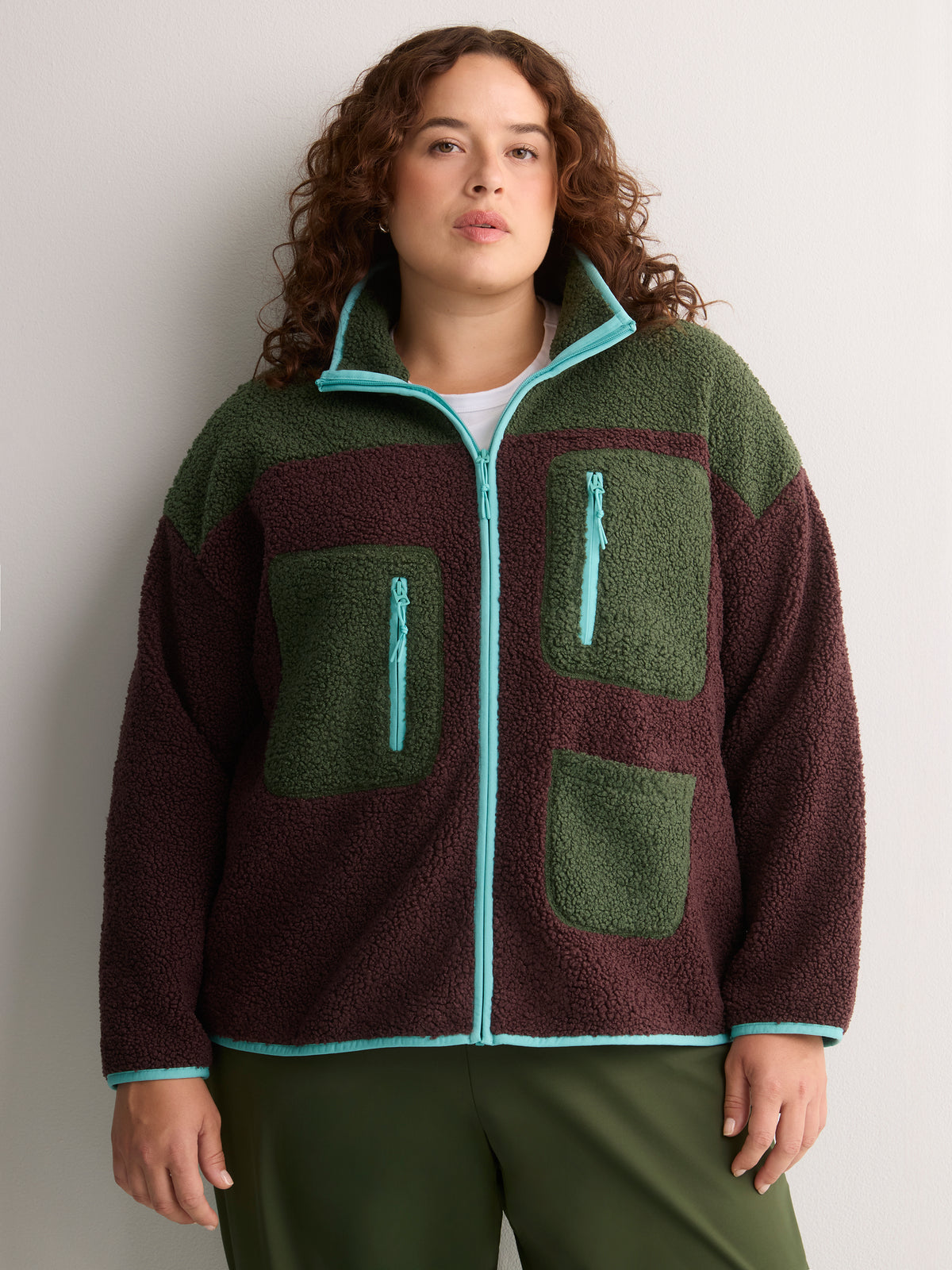 Brown Fashion Mock-Neck Sherpa Jacket - Active Zone