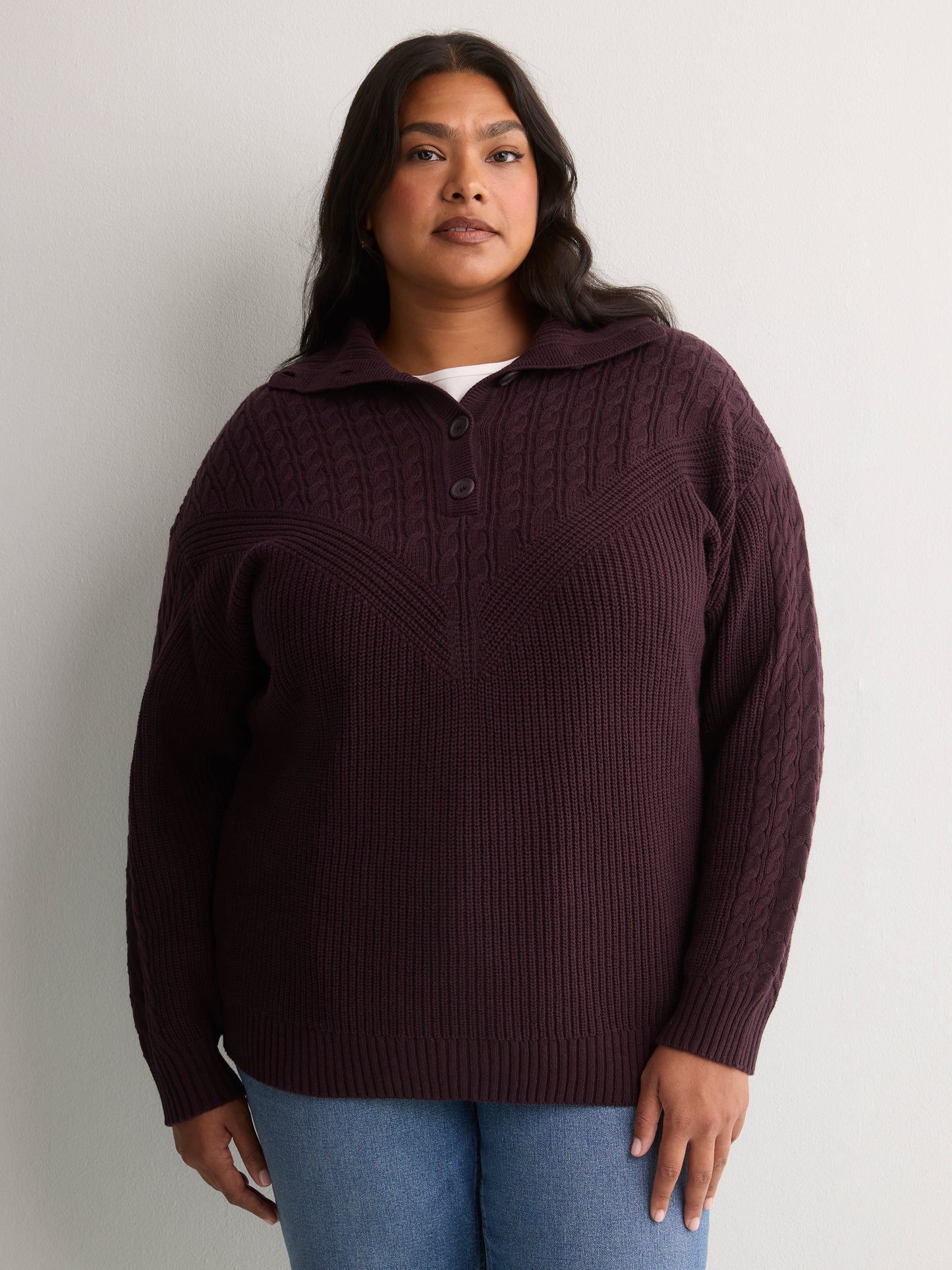 Loose Half-Placket Cable Knit Sweater