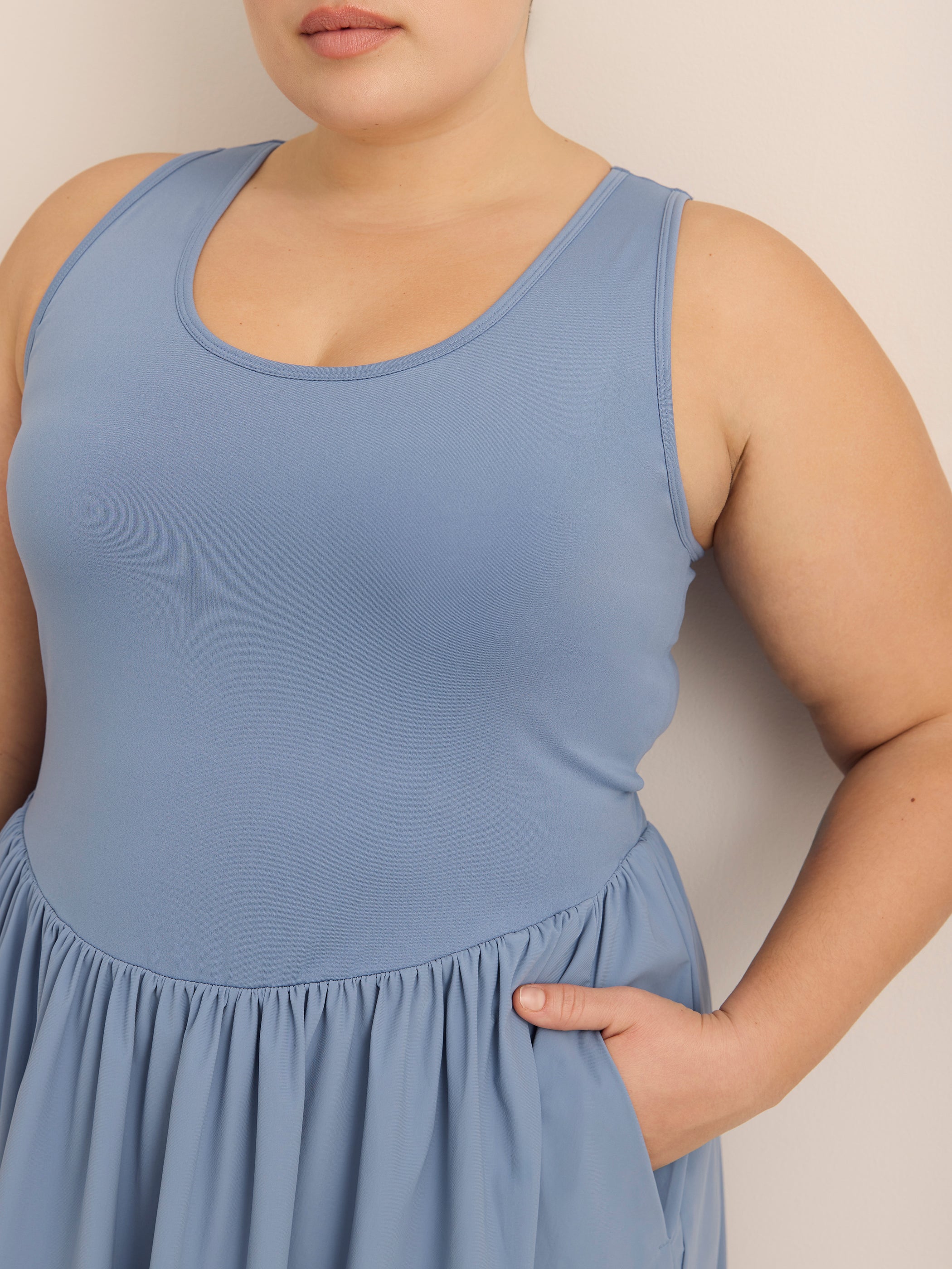 Sleeveless U-Neck Midi Dress with Peekaboo Overlap - Active Zone