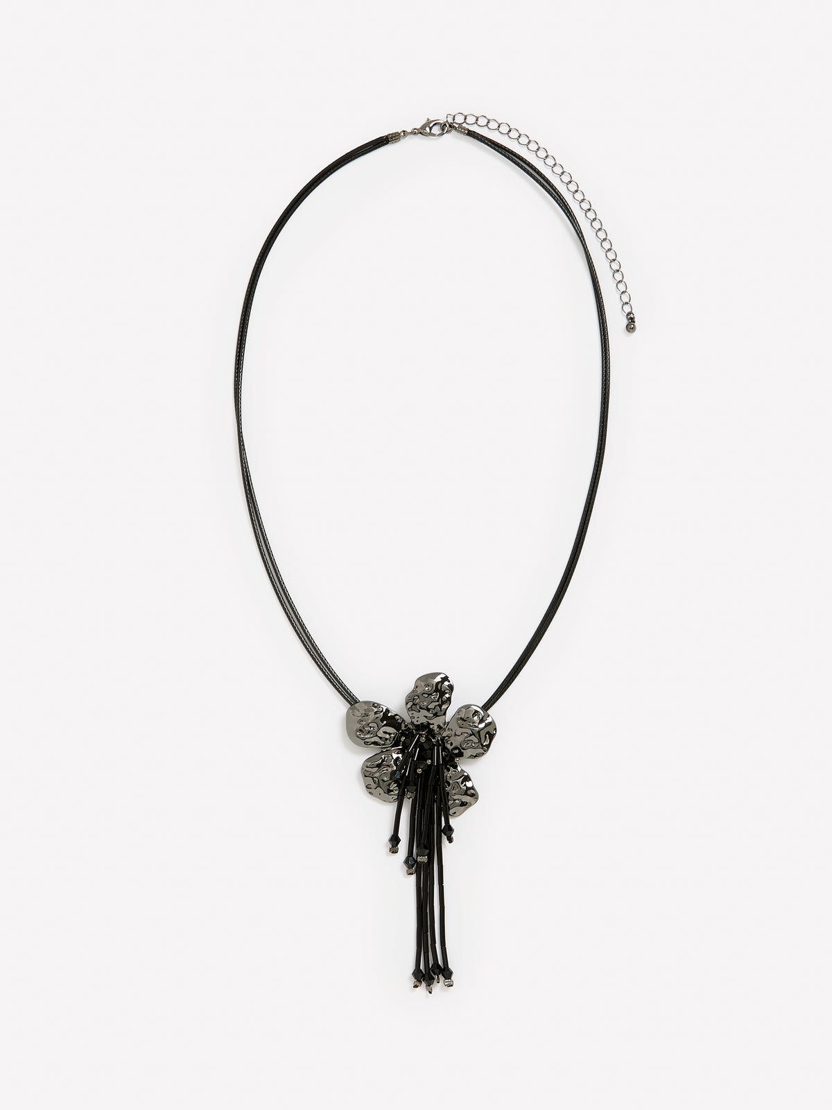 Black Corded Necklace with Metallic Flower Pendant