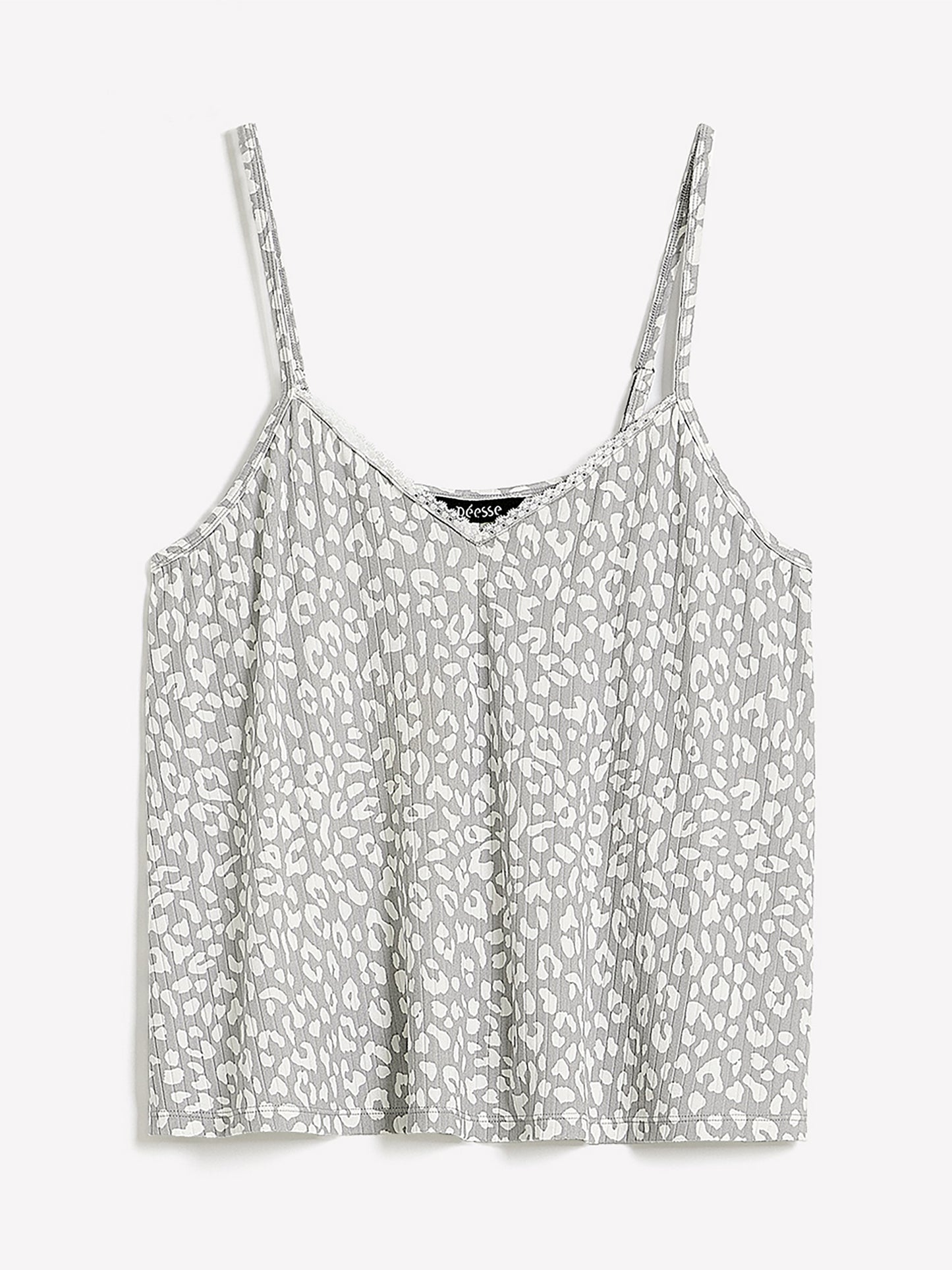 Camisole côtelée grise à motif léopard avec dentelle - Déesse Collection