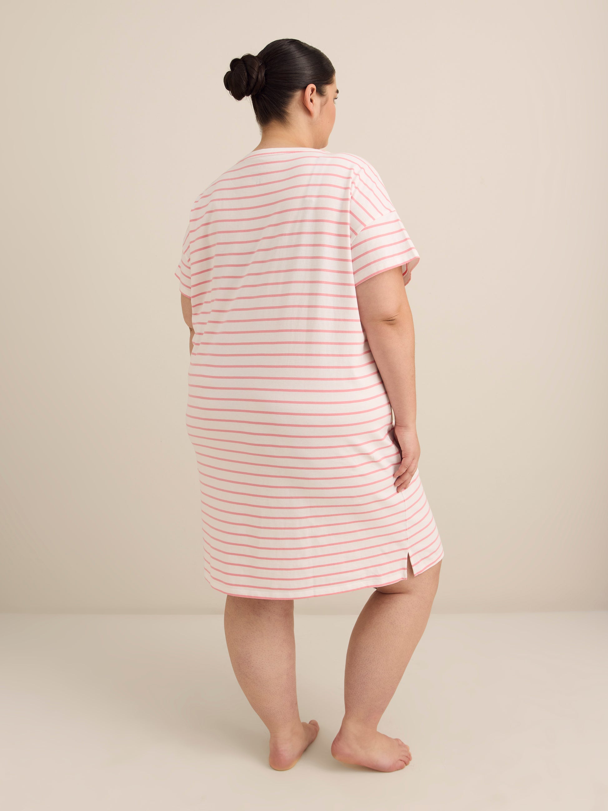 Striped Short-Sleeve Sleepshirt with Embroidered Strawberry - ti Voglio