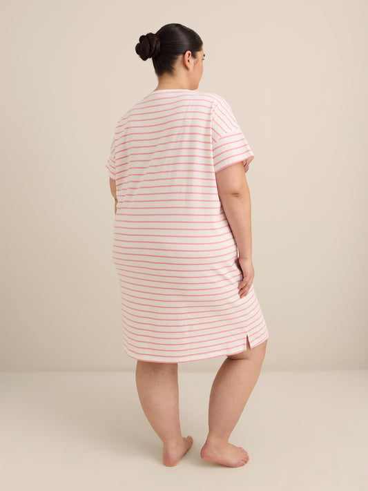 Striped Short-Sleeve Sleepshirt with Embroidered Strawberry - ti Voglio
