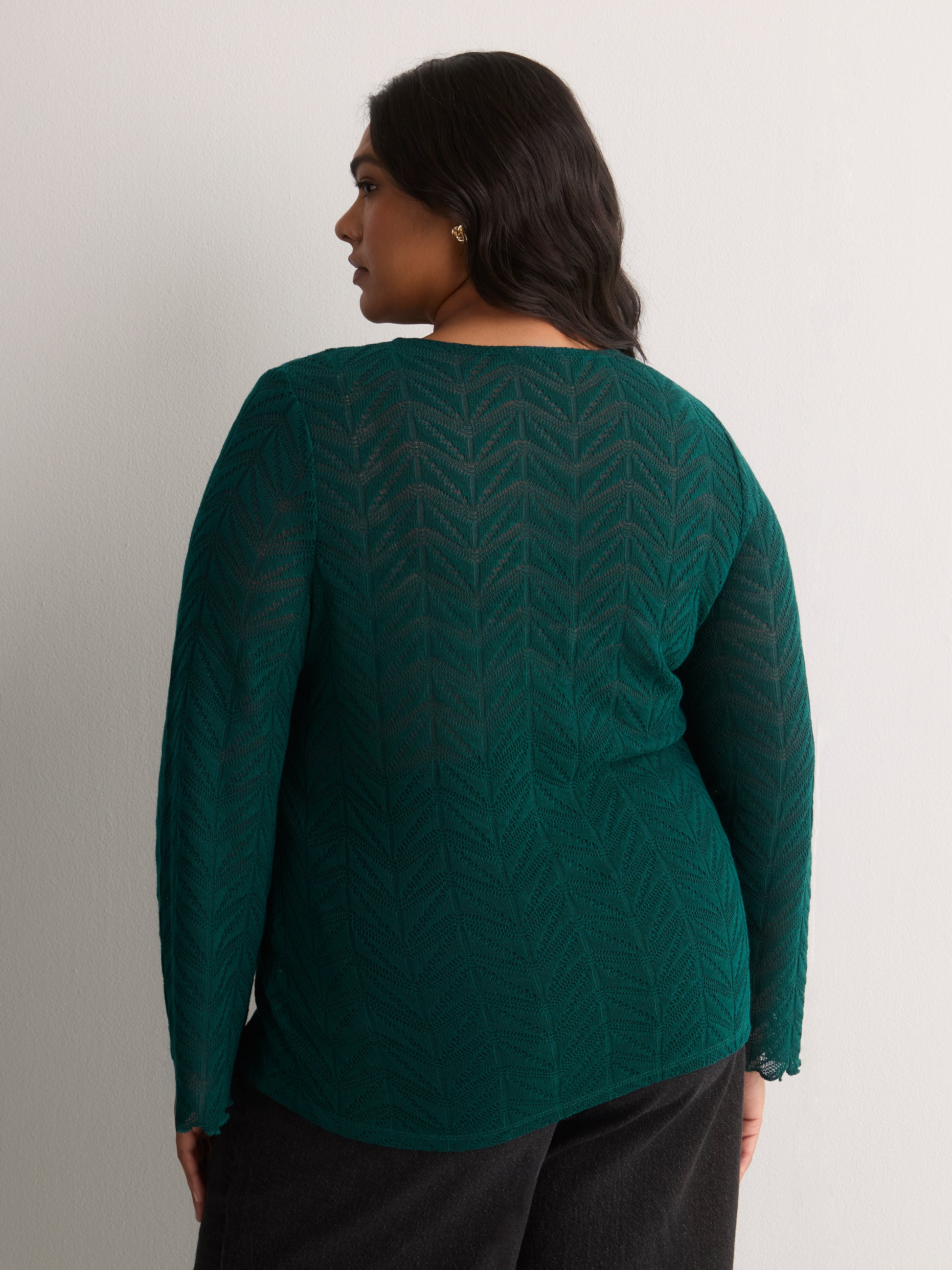 Straight V-Neck Crochet Pointelle Knit Blouse with Trumpet Sleeves