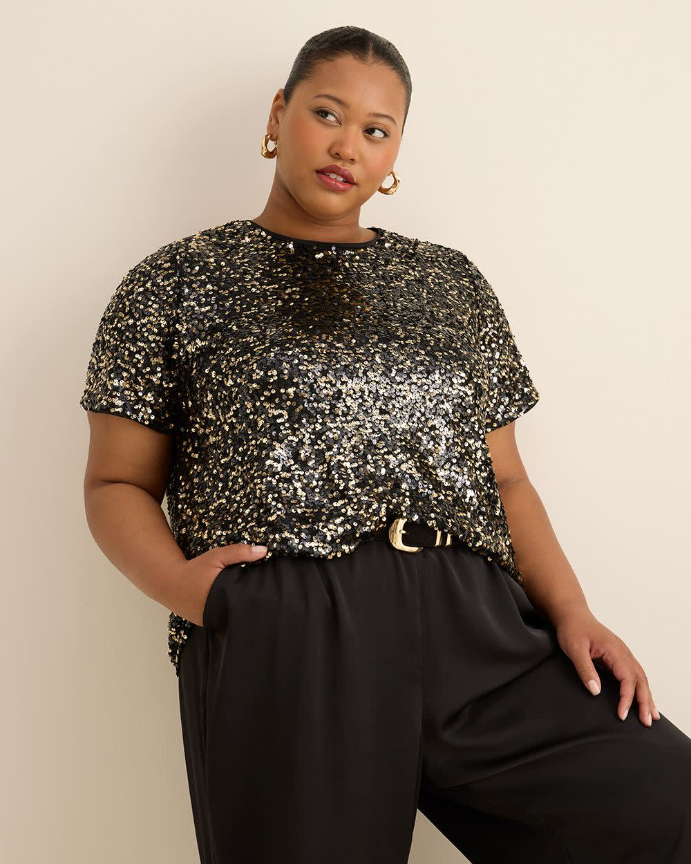 Short-Sleeve Sequins Crewneck Top