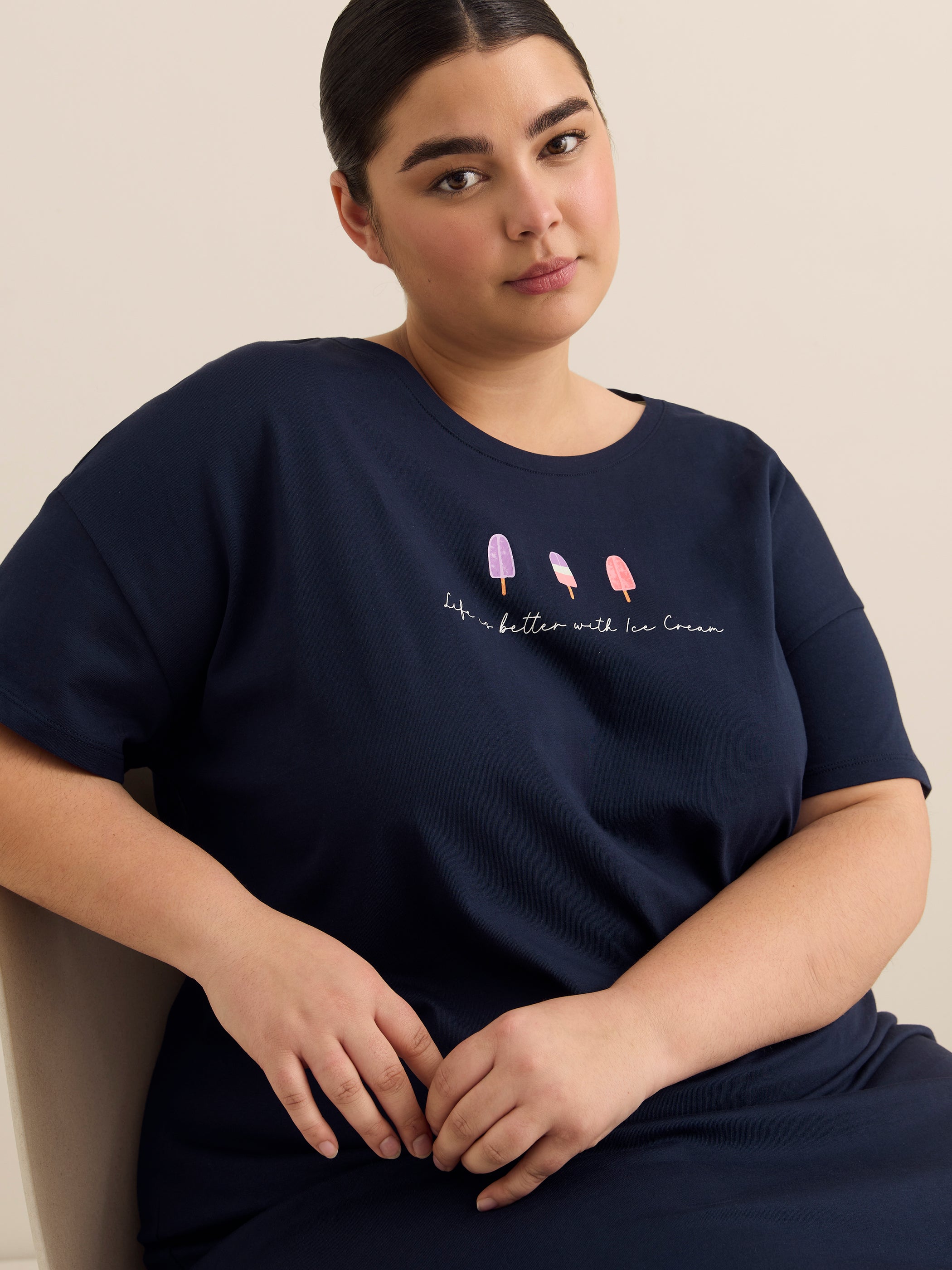 Black Short-Sleeve Sleepshirt with Ice Cream Placement Print - ti Voglio