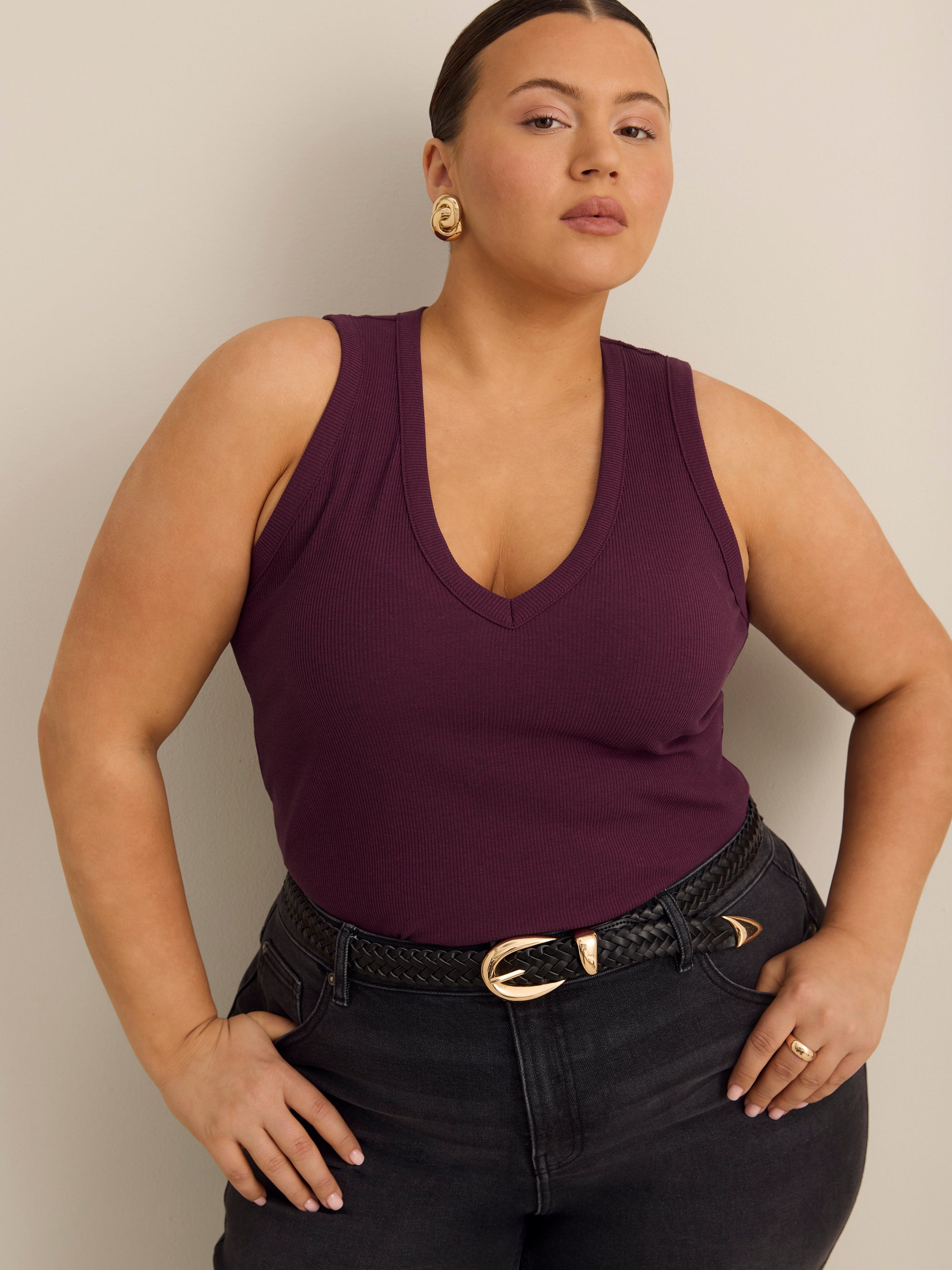 Fitted V-Neck Ribbed Knit Tank Top - Addition Elle