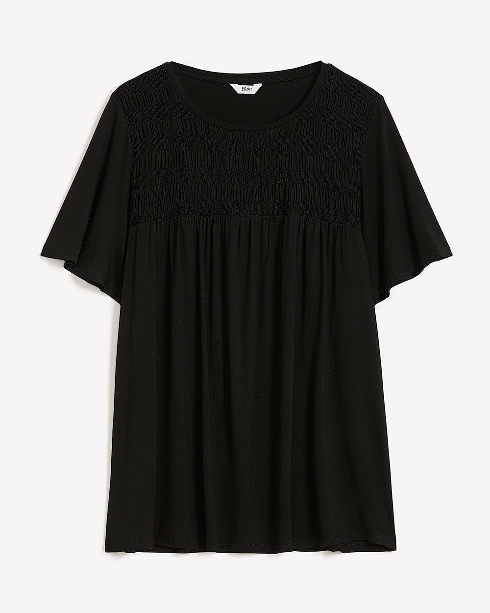 Flutter-Sleeve Knit Top with Smocked Detail
