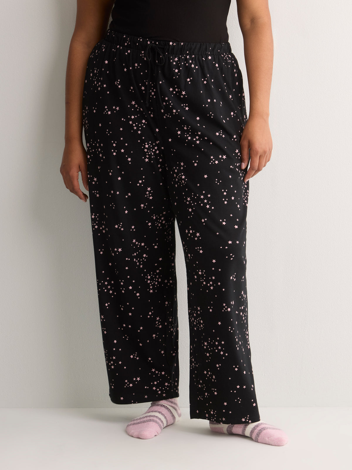 Black Star-Print Cotton Knit Wide-Leg Pyjama Pant - tiVOGLIO