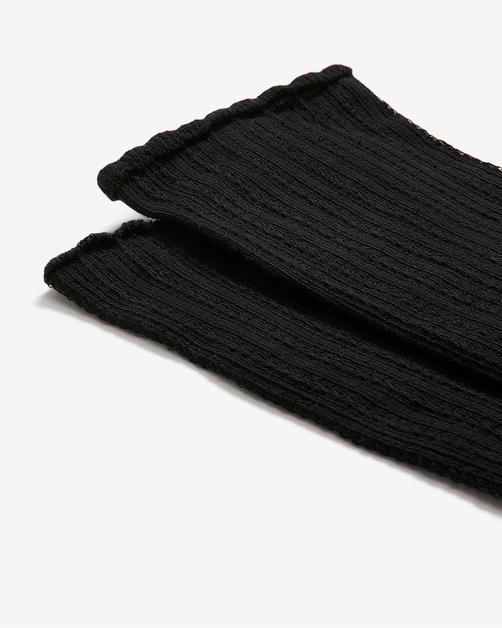 Black Textured Crew Socks with Scalloped Edge