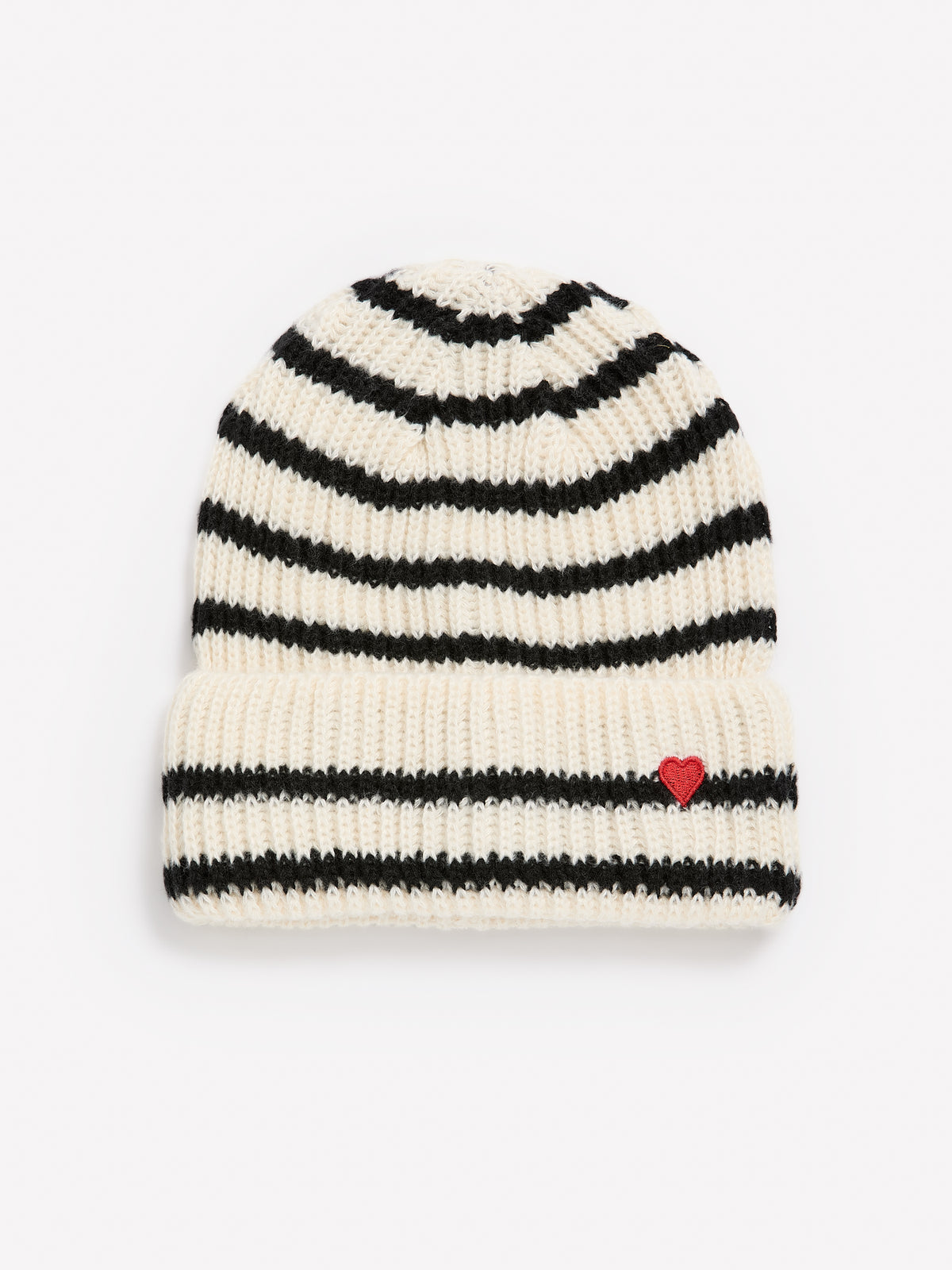 Striped Rib Knit Cuffes Beanie with Embroidered Heart