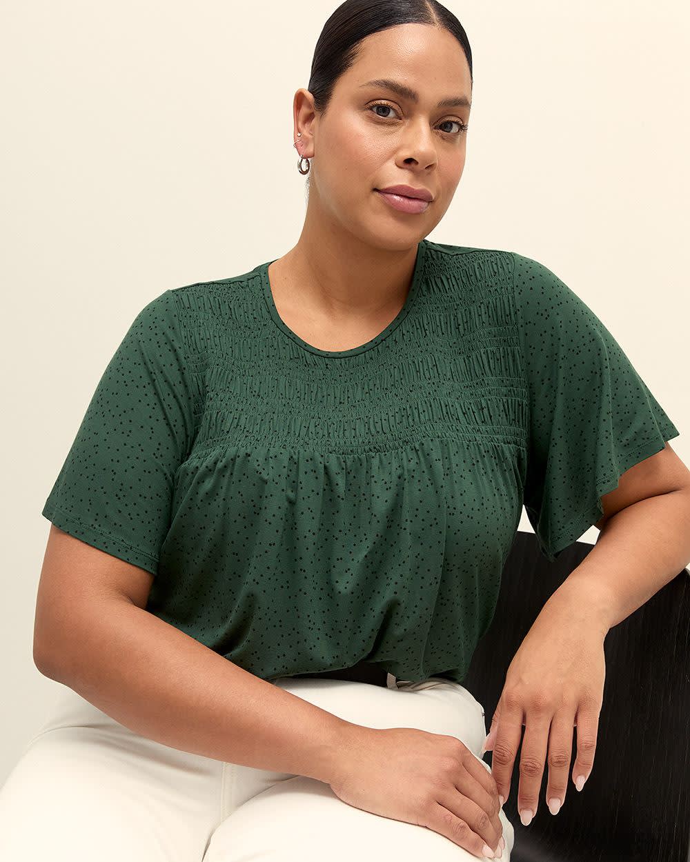 Flutter-Sleeve Knit Top with Smocked Detail