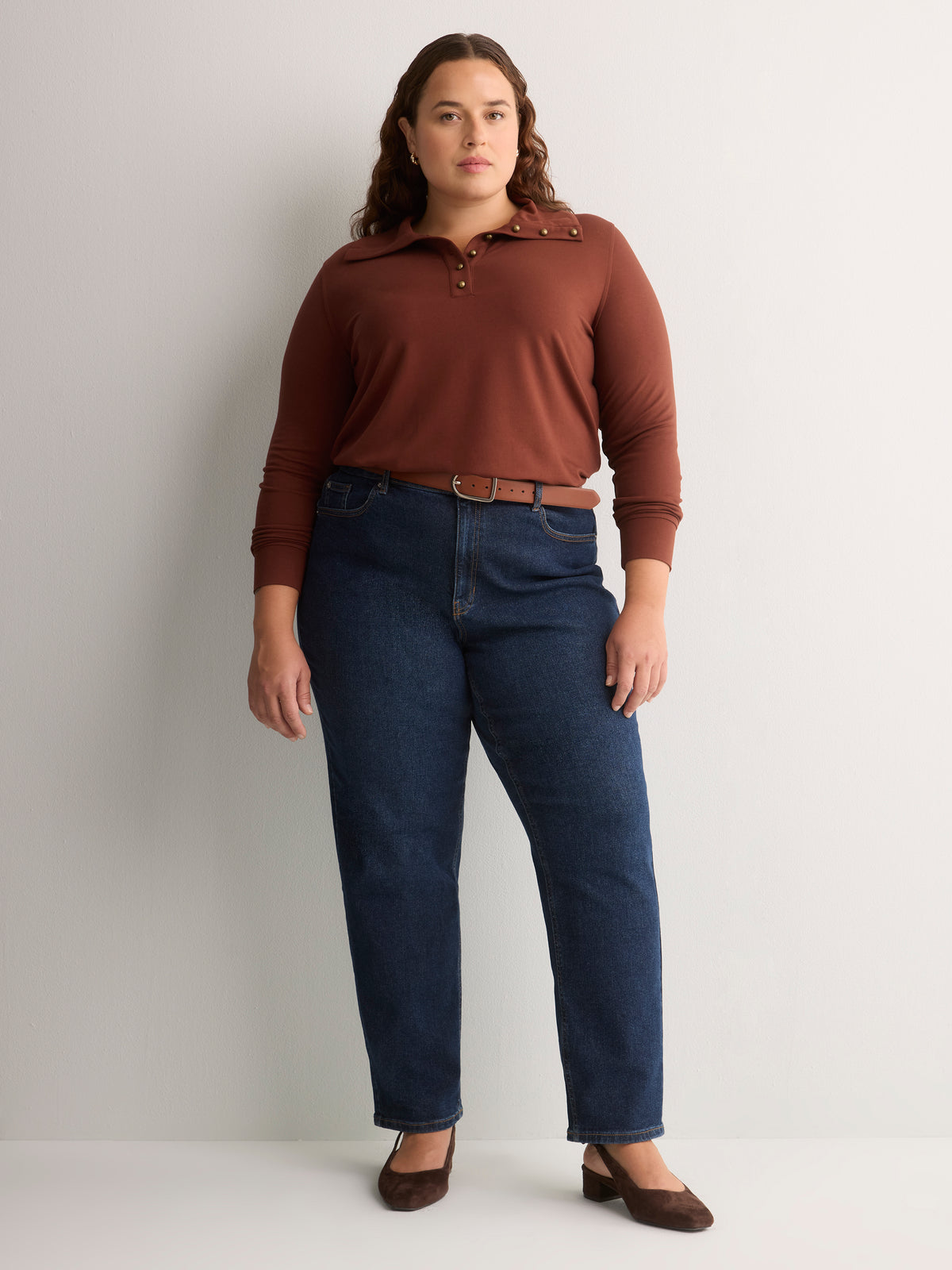 Loose French Terry Tunic Top with Buttoned Johnny Collar