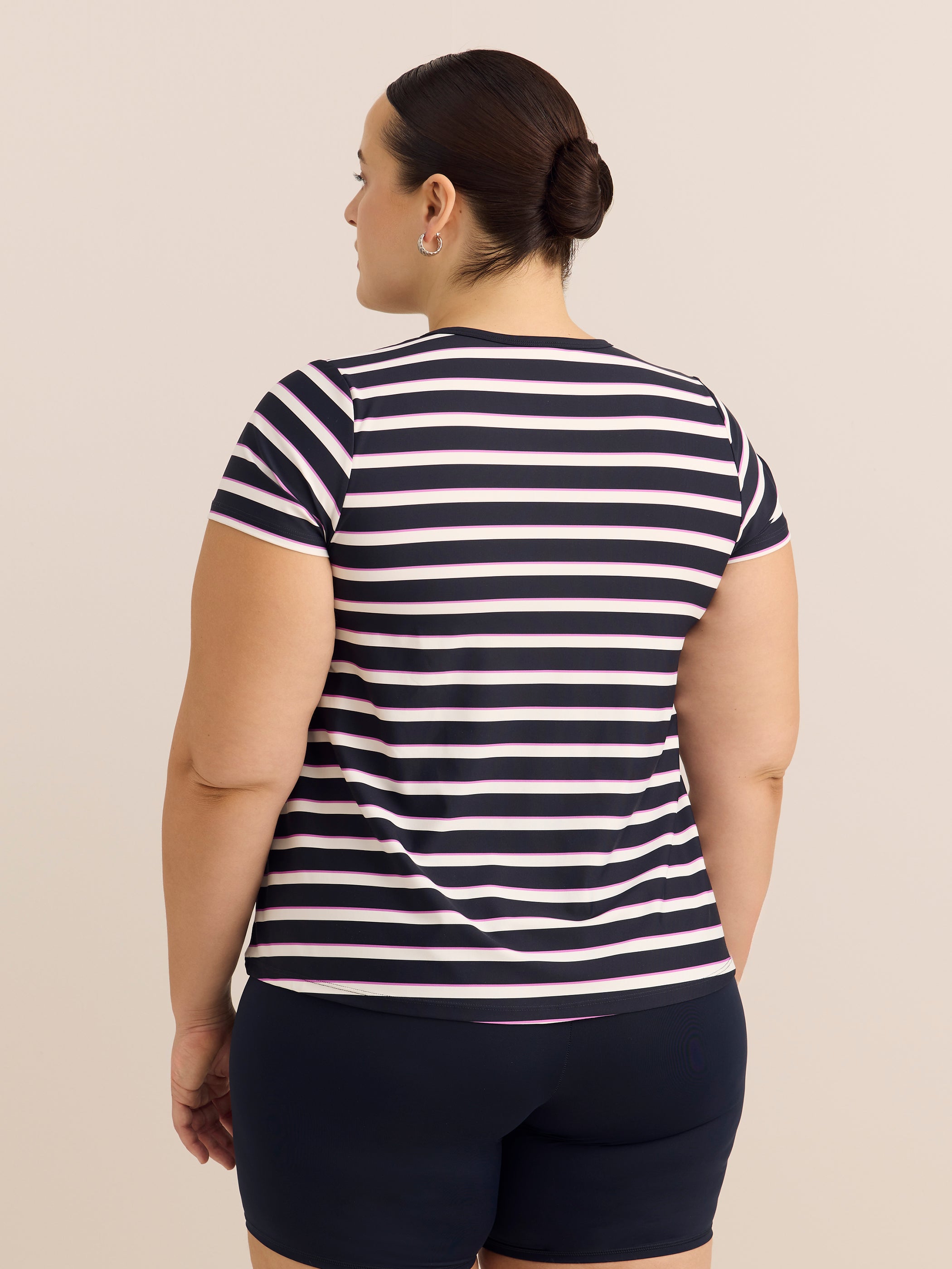 Navy Striped Short-Sleeve Henley Tankini Top