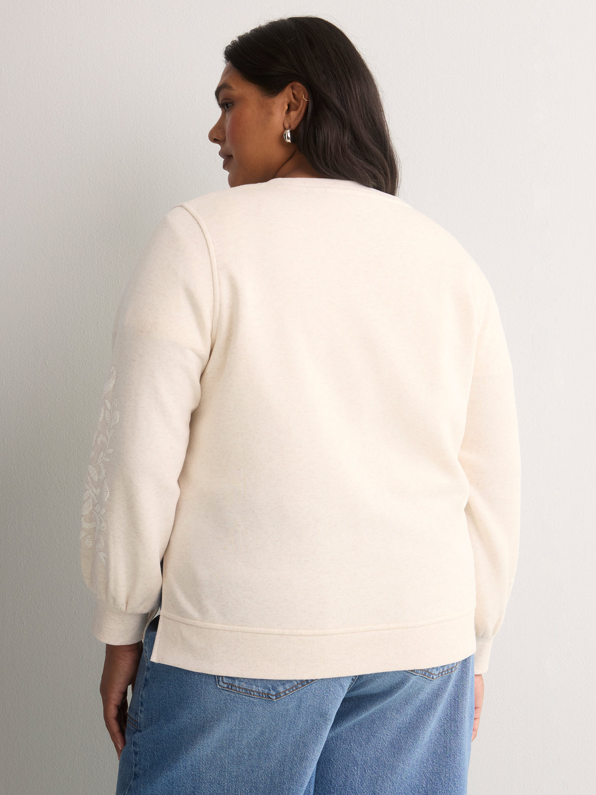 Loose Crew-Neck Fleece Sweatshirt with Long Balloon Sleeves