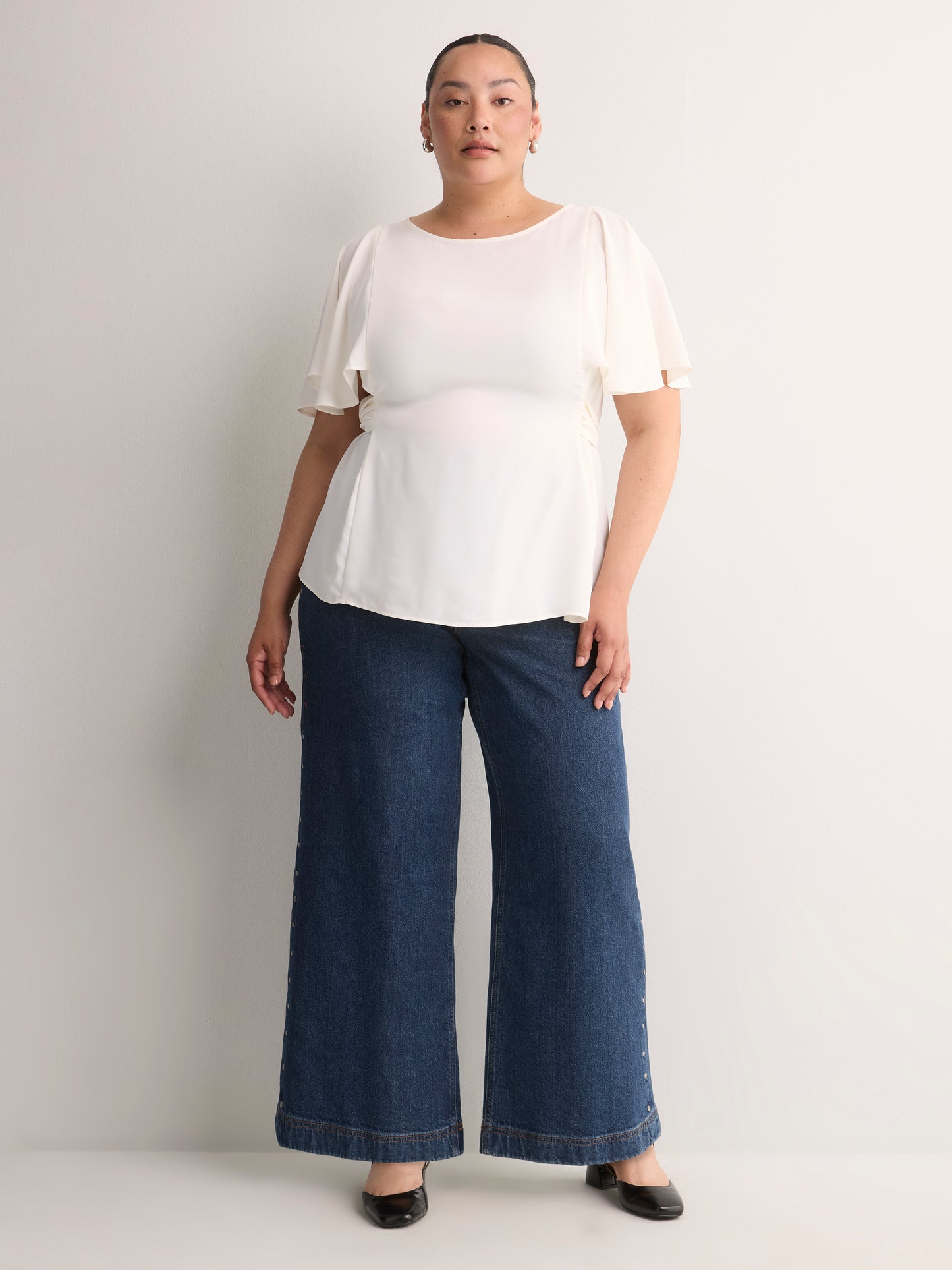 Responsible, Cape Flutter-Sleeve Silky Blouse with Self Sash