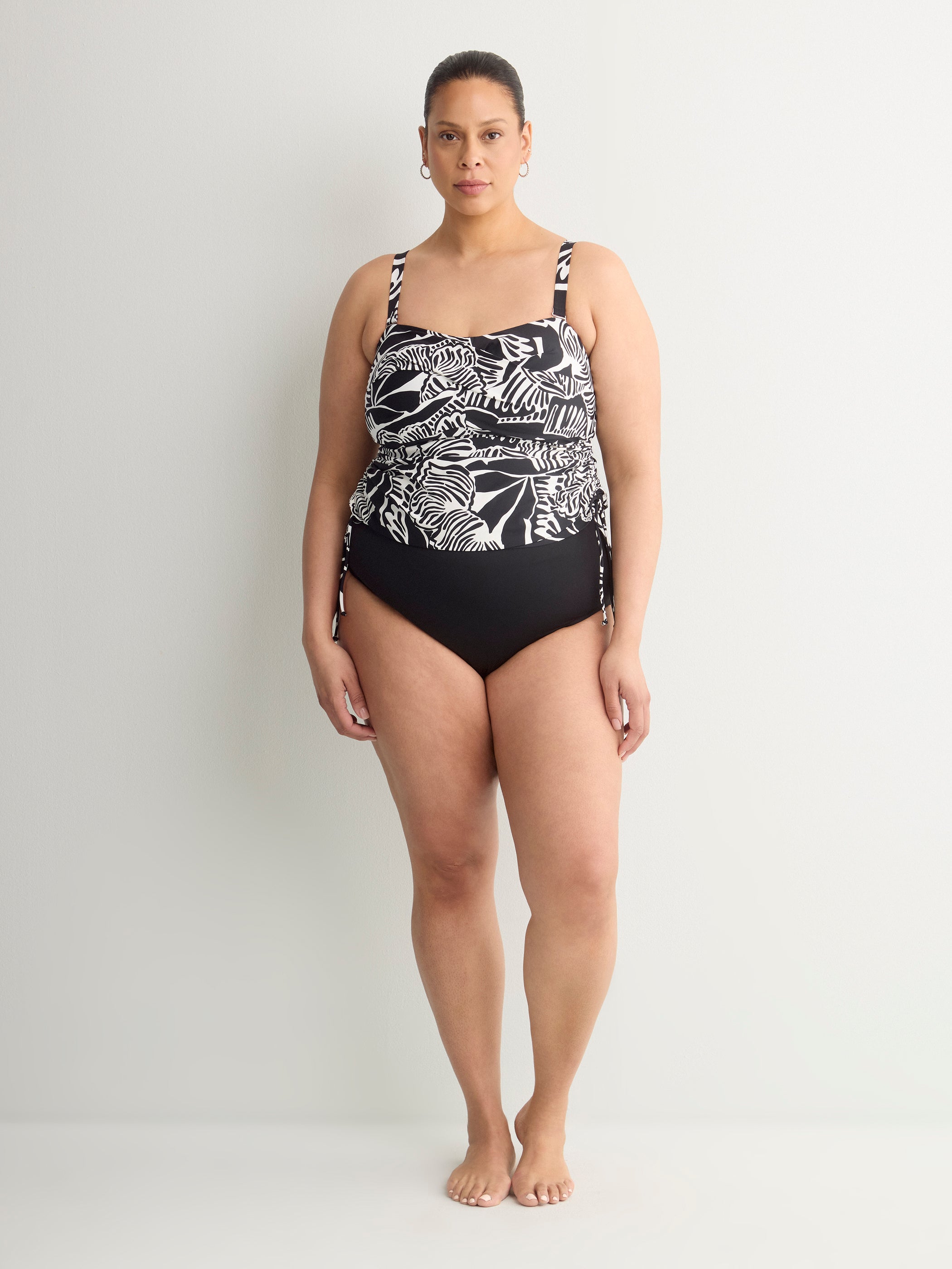 Black Foliage-Print Twisted Bandeau Tankini Top