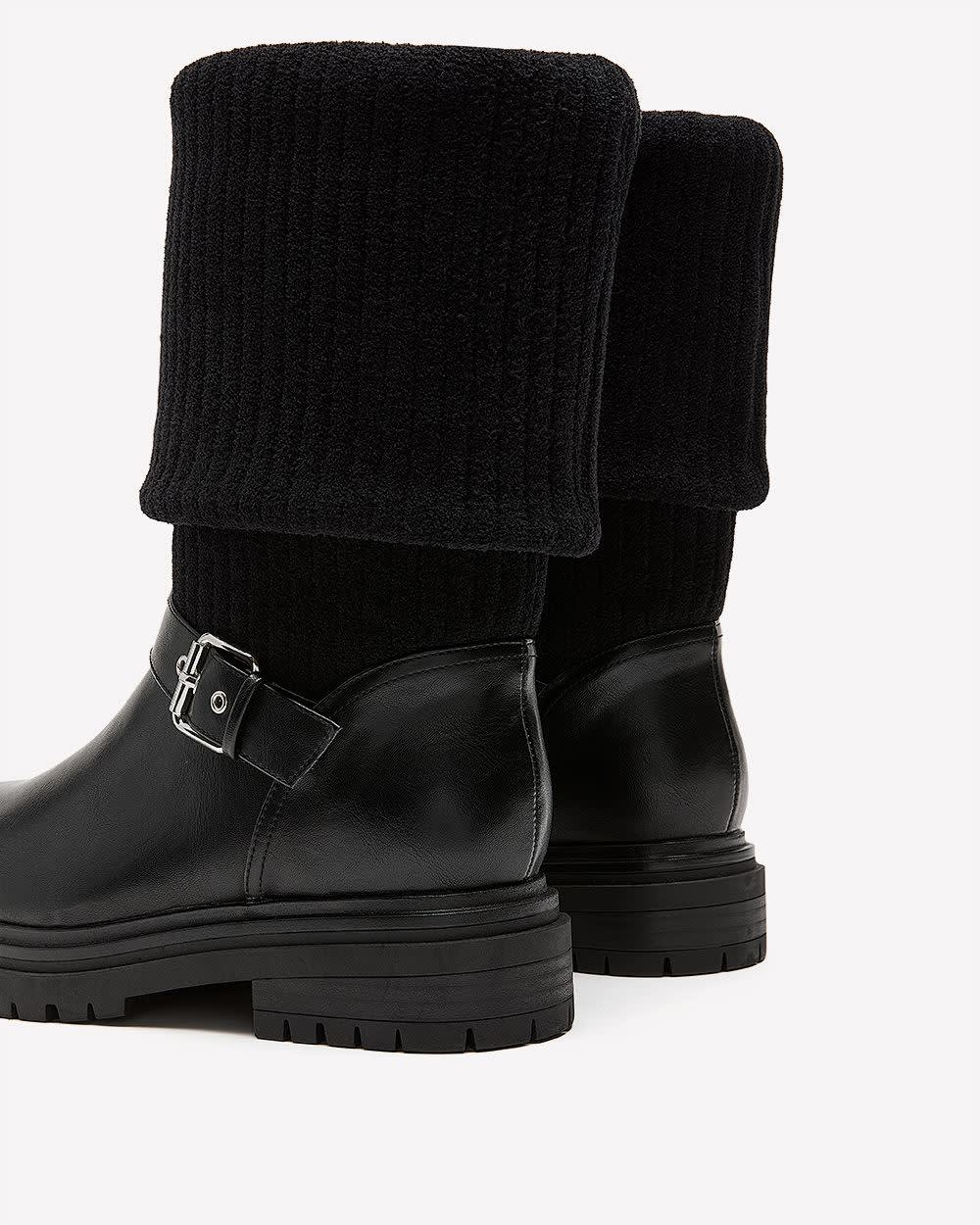 Extra Wide Width, Black Mid-Calf Chunky Boot with Knit Upper