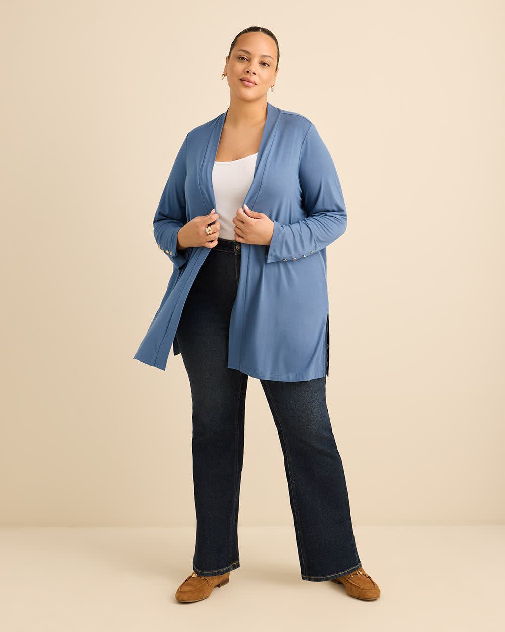 Blue Long-Sleeve Open Tunic Cardigan