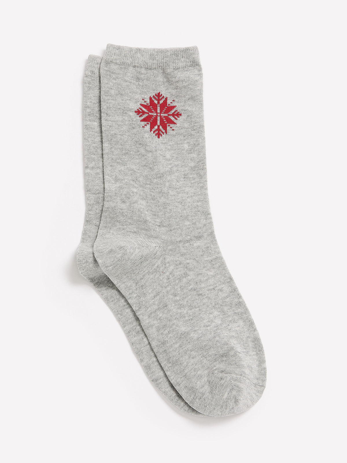 Heather Gray Crew Socks with Red Snowflake
