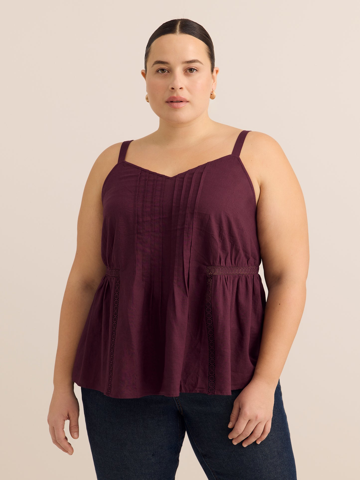 Linen Blend Swing Cami Blouse with Pintuck Detail
