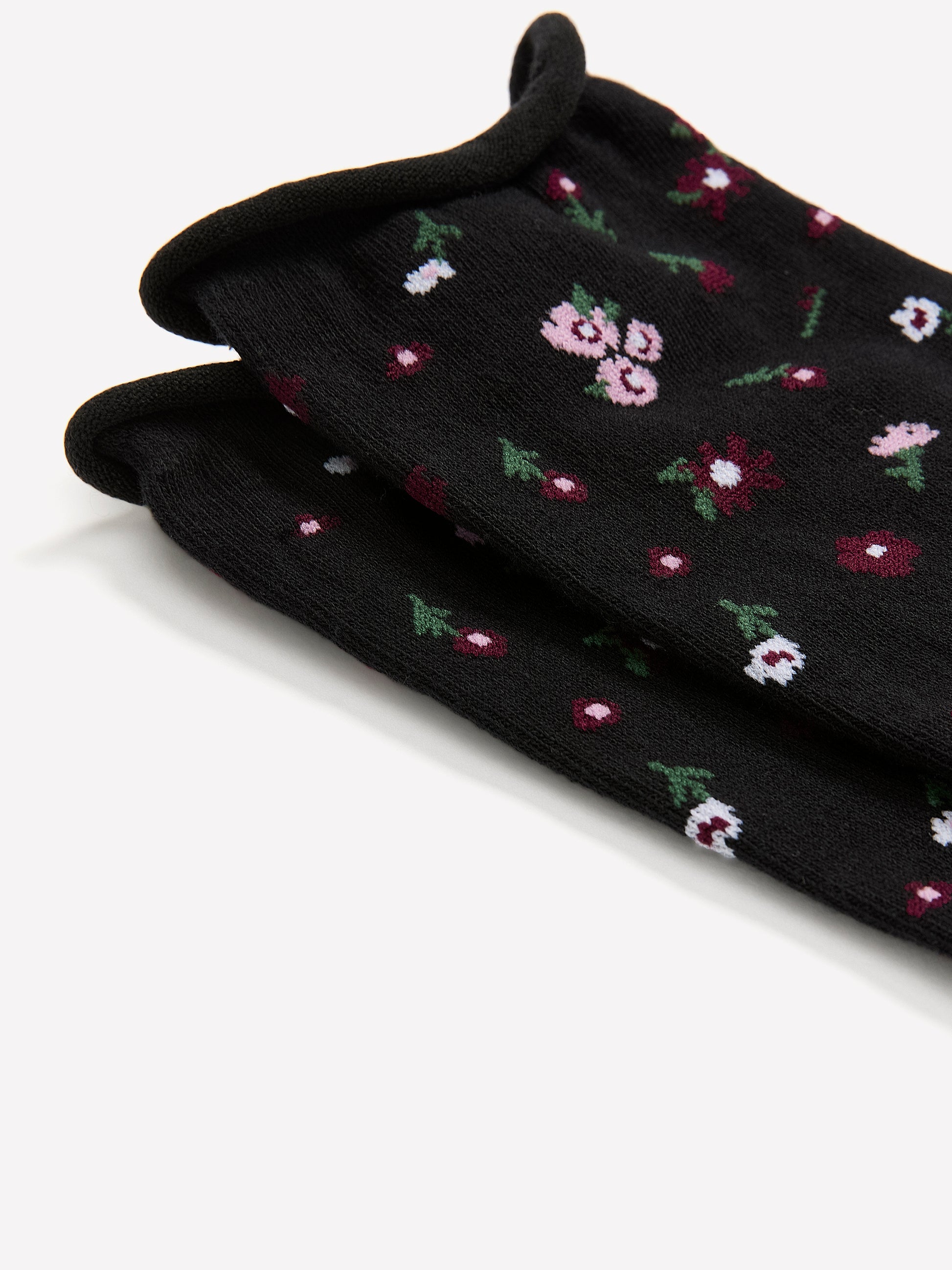 Black Rolled-Edge Crew Socks with Floral Print