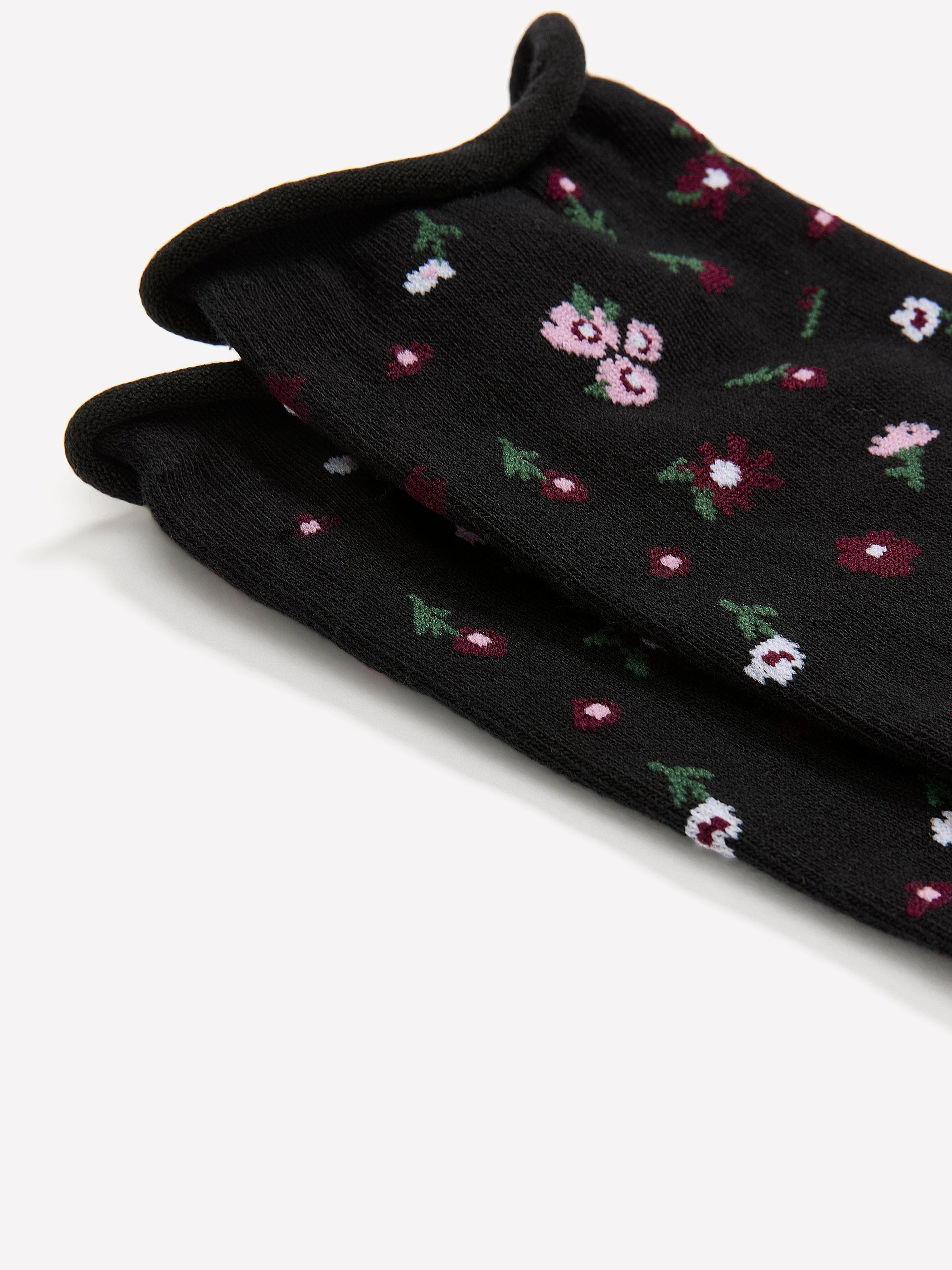 Black Rolled-Edge Crew Socks with Floral Print