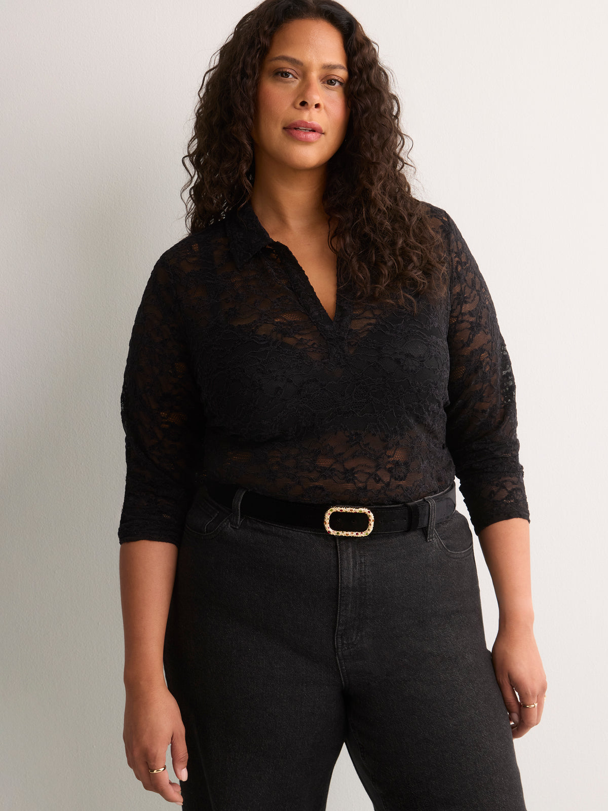 Straight-Fit Lace Polo Top