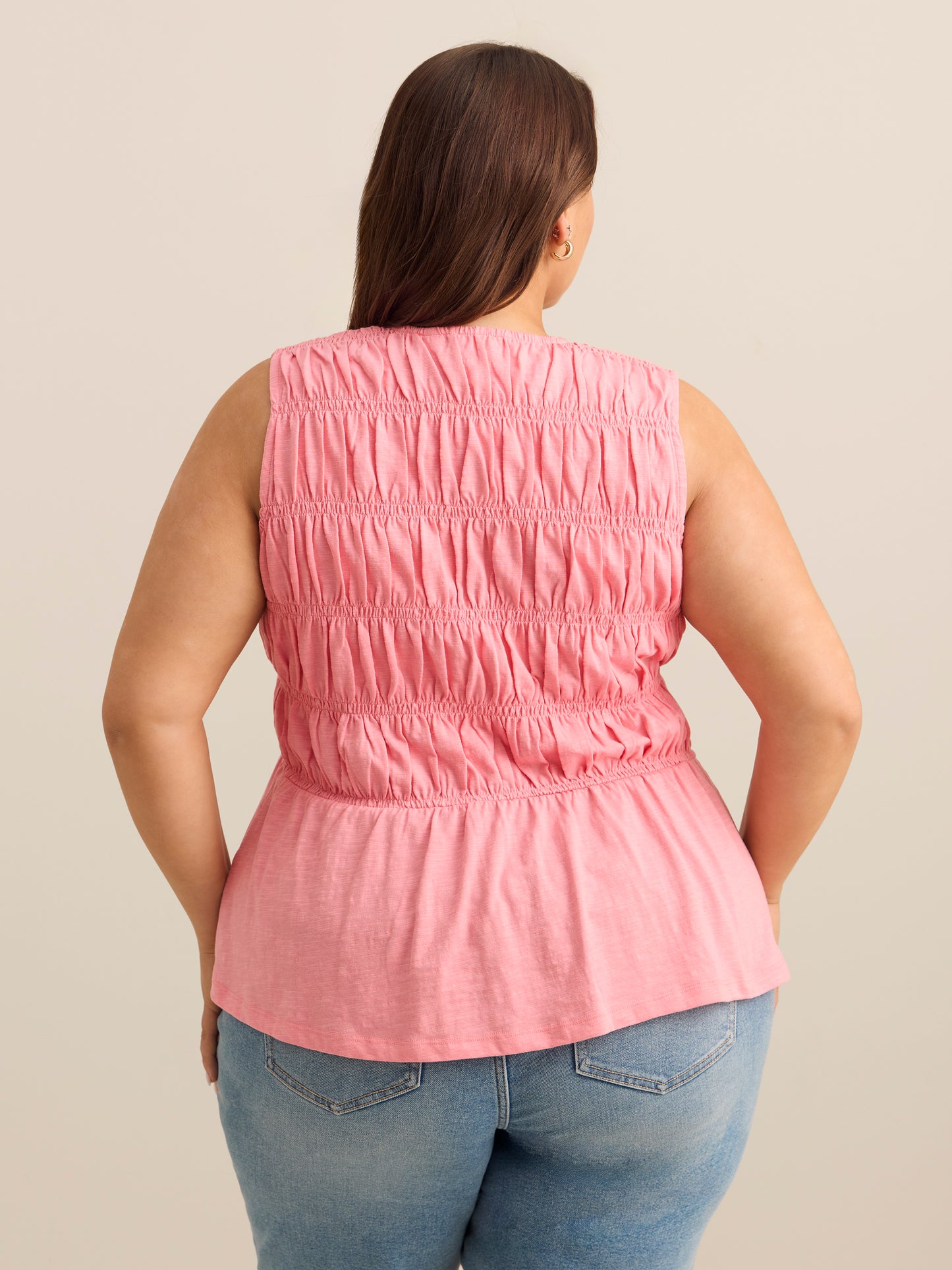 Flared Sleeveless V-Neck Tie-Front Smocked Blouse - Addition Elle