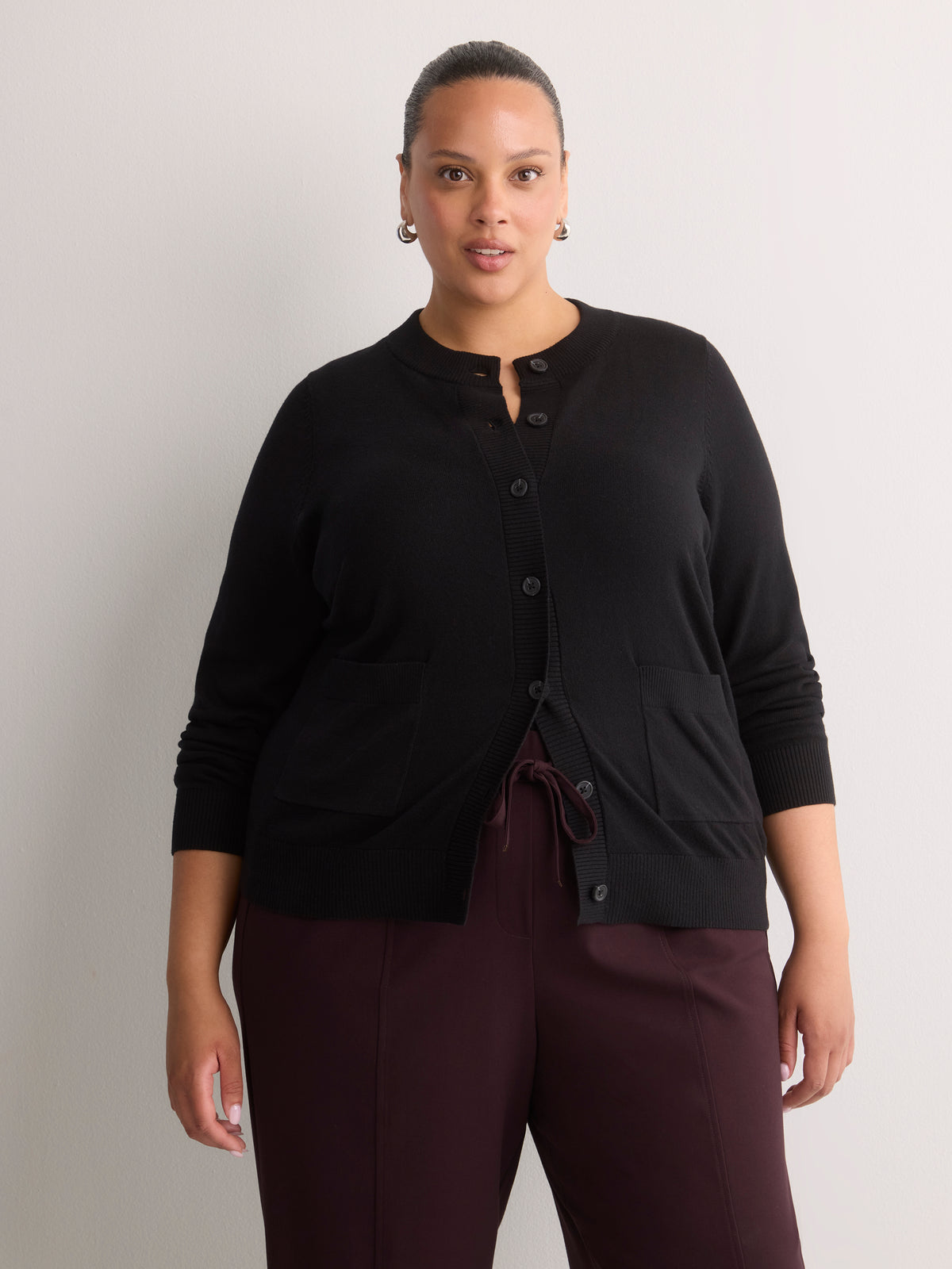 Dark Buttoned-Down Cotton Blend Crew Neck Cardigan