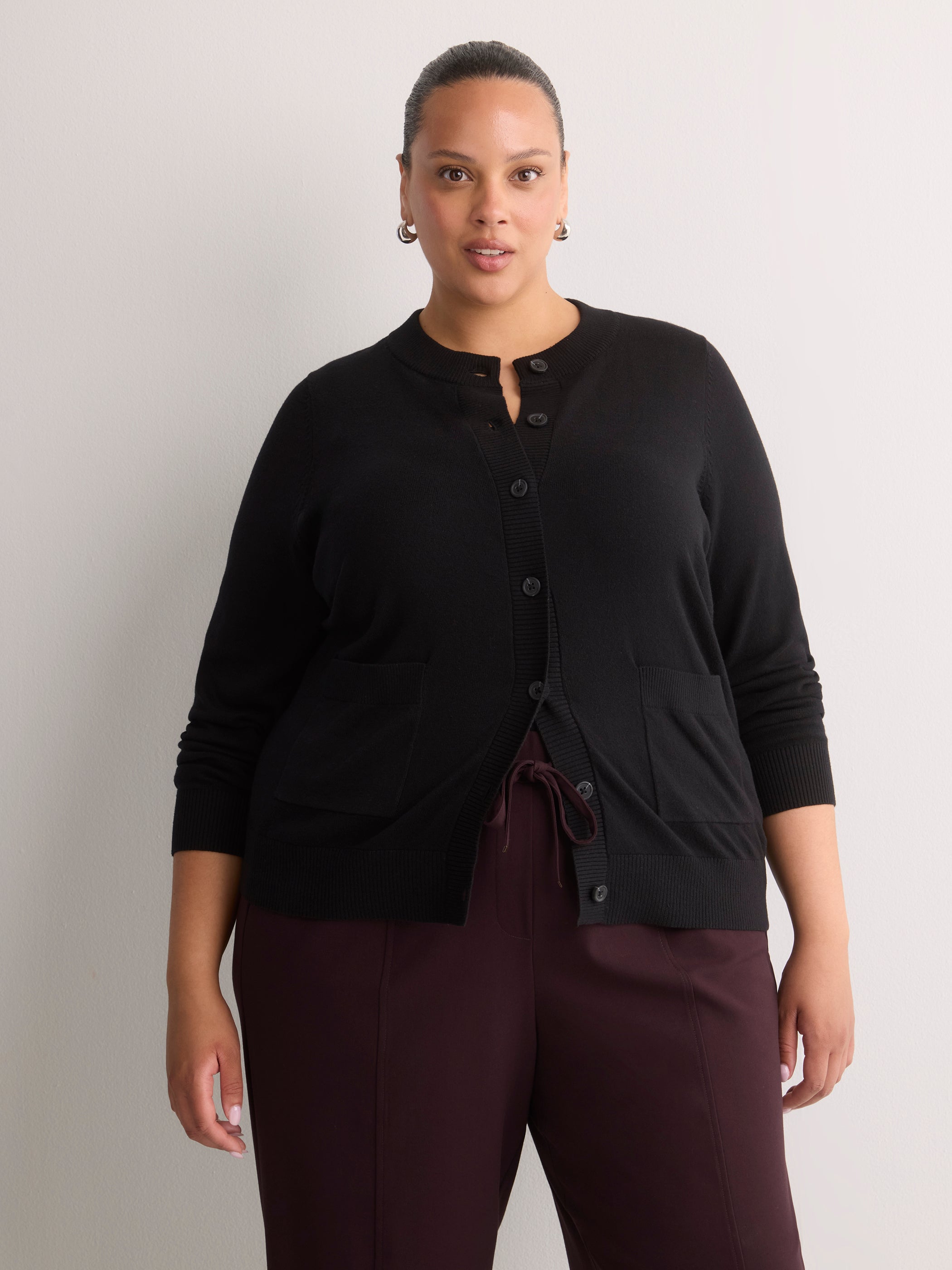 Dark Buttoned-Down Cotton Blend Crew Neck Cardigan