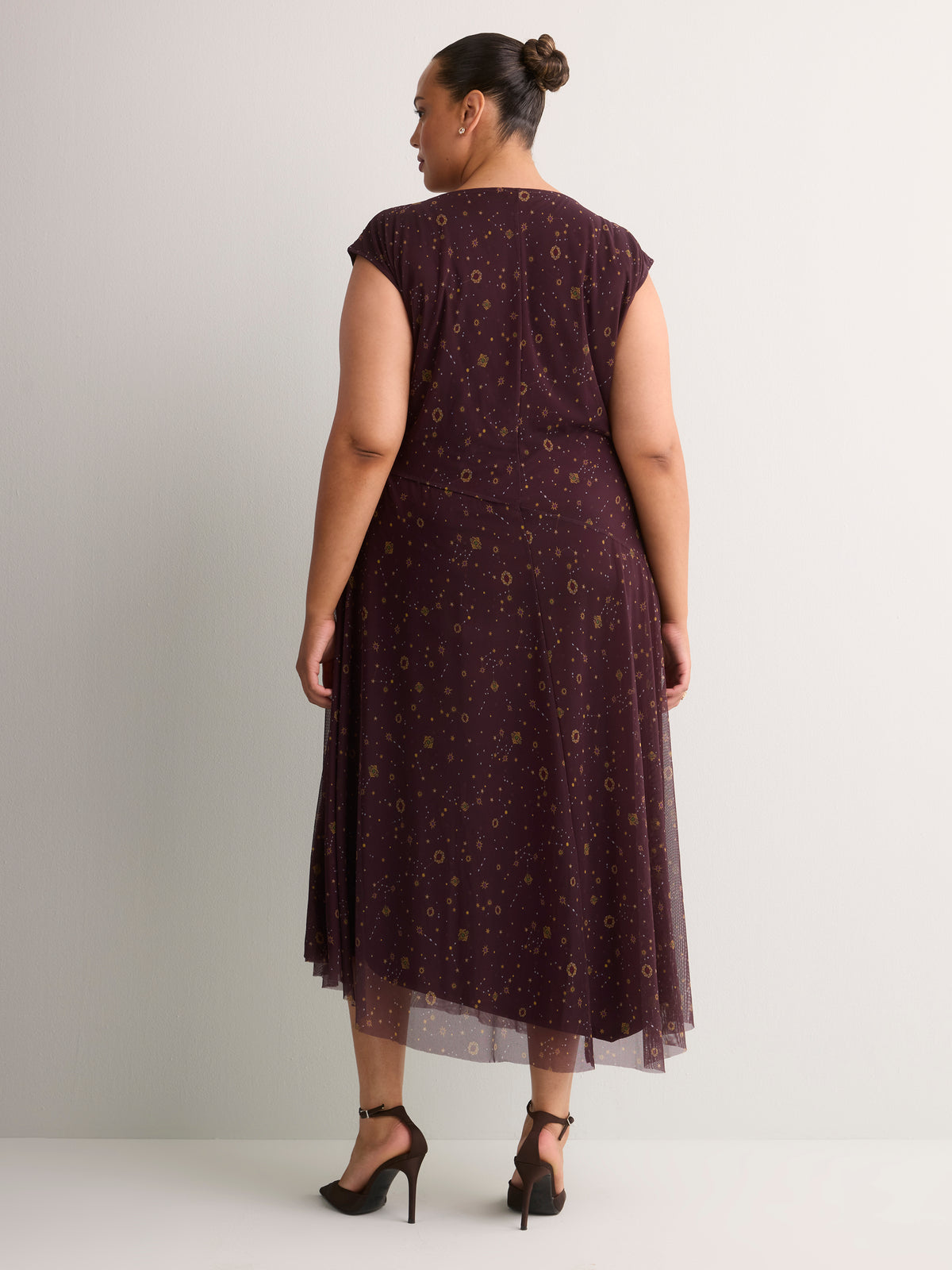 Brown Printed Sleeveless Boat-Neck Asymmetrical Midi Dress