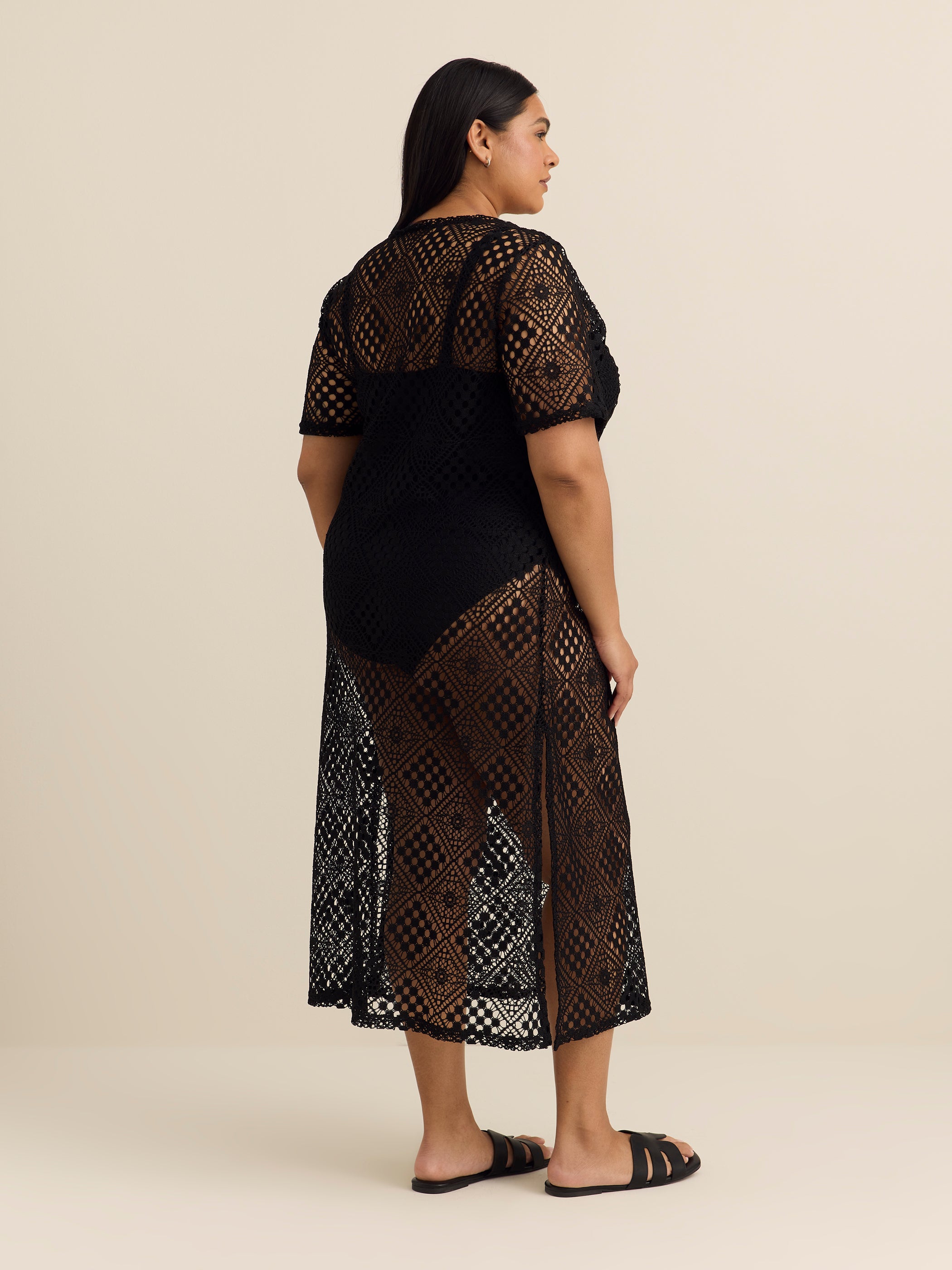 Long Crochet Knit Cover-Up Dress with Keyhole V-Neck - Cover Me