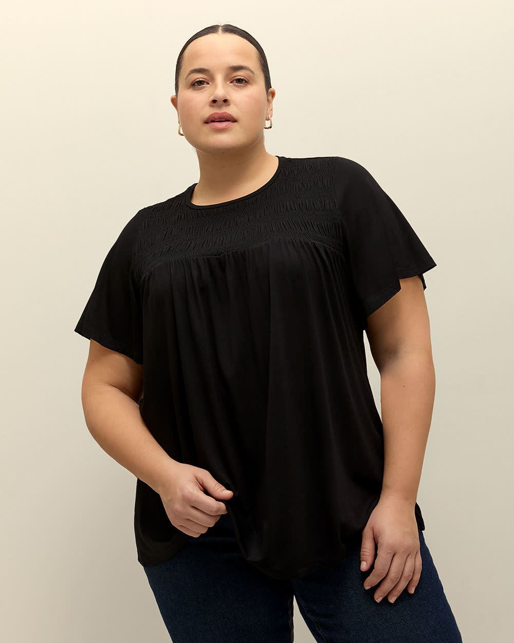 Flutter-Sleeve Knit Top with Smocked Detail