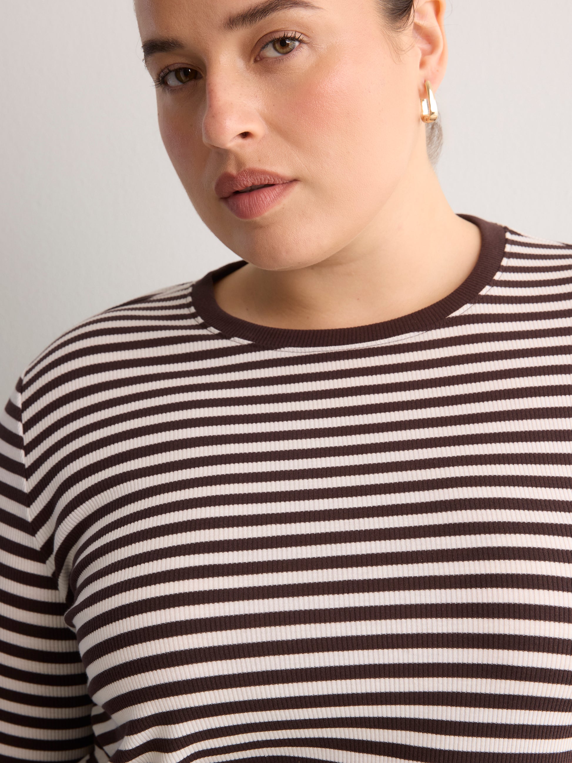 Brown Striped Boyfriend-Fit Long-Sleeve Rib Knit Tee