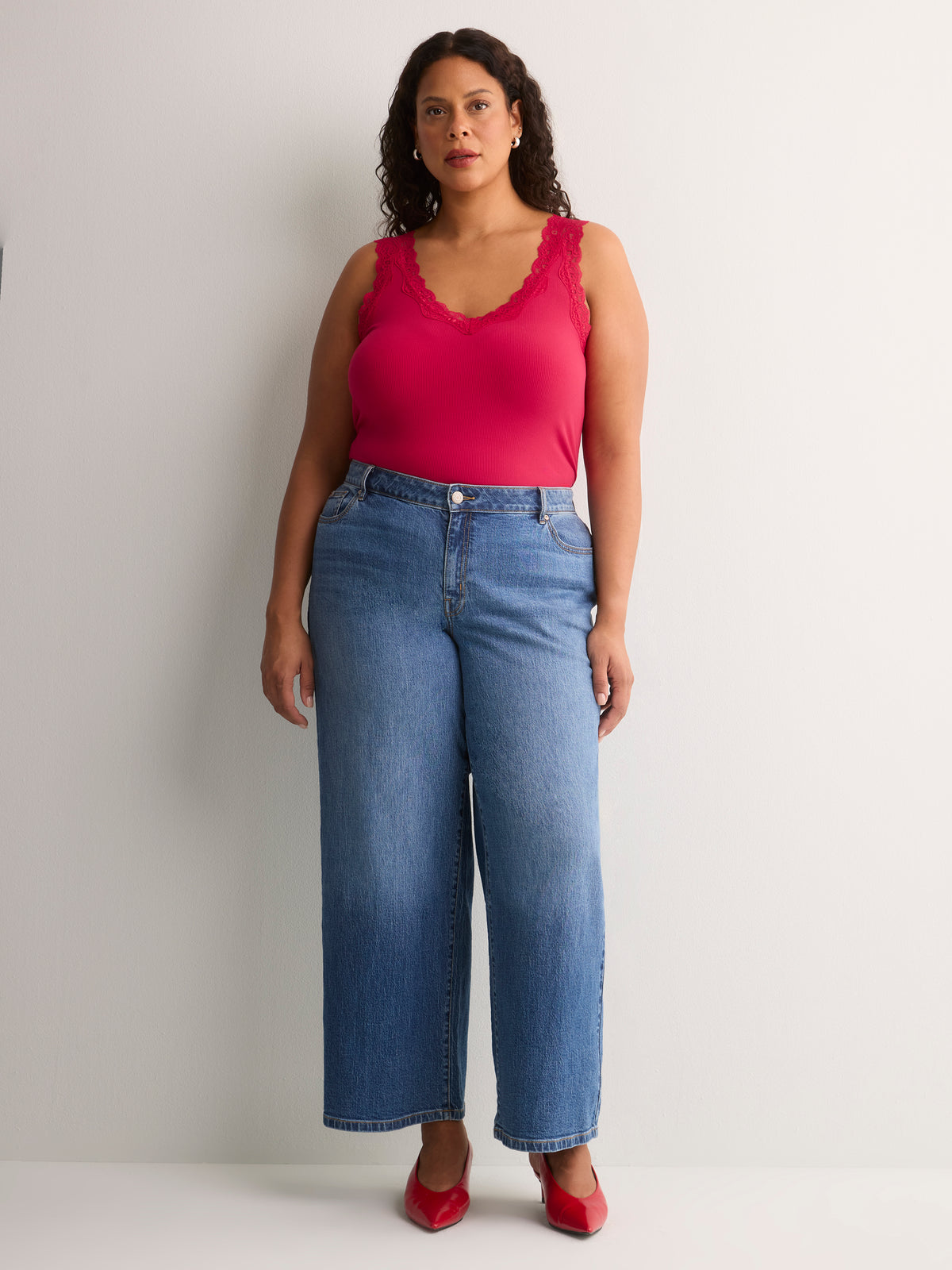 Responsible, Straight V-Neck Ribbed Cami with Lace Trim