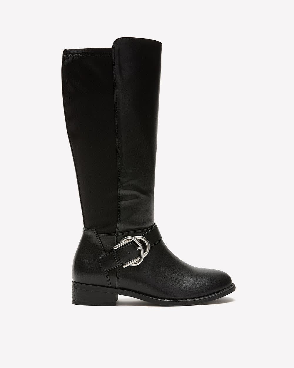 Extra Wide Width and Wide Calf, Tall Black Faux Leather Boot with Buckle