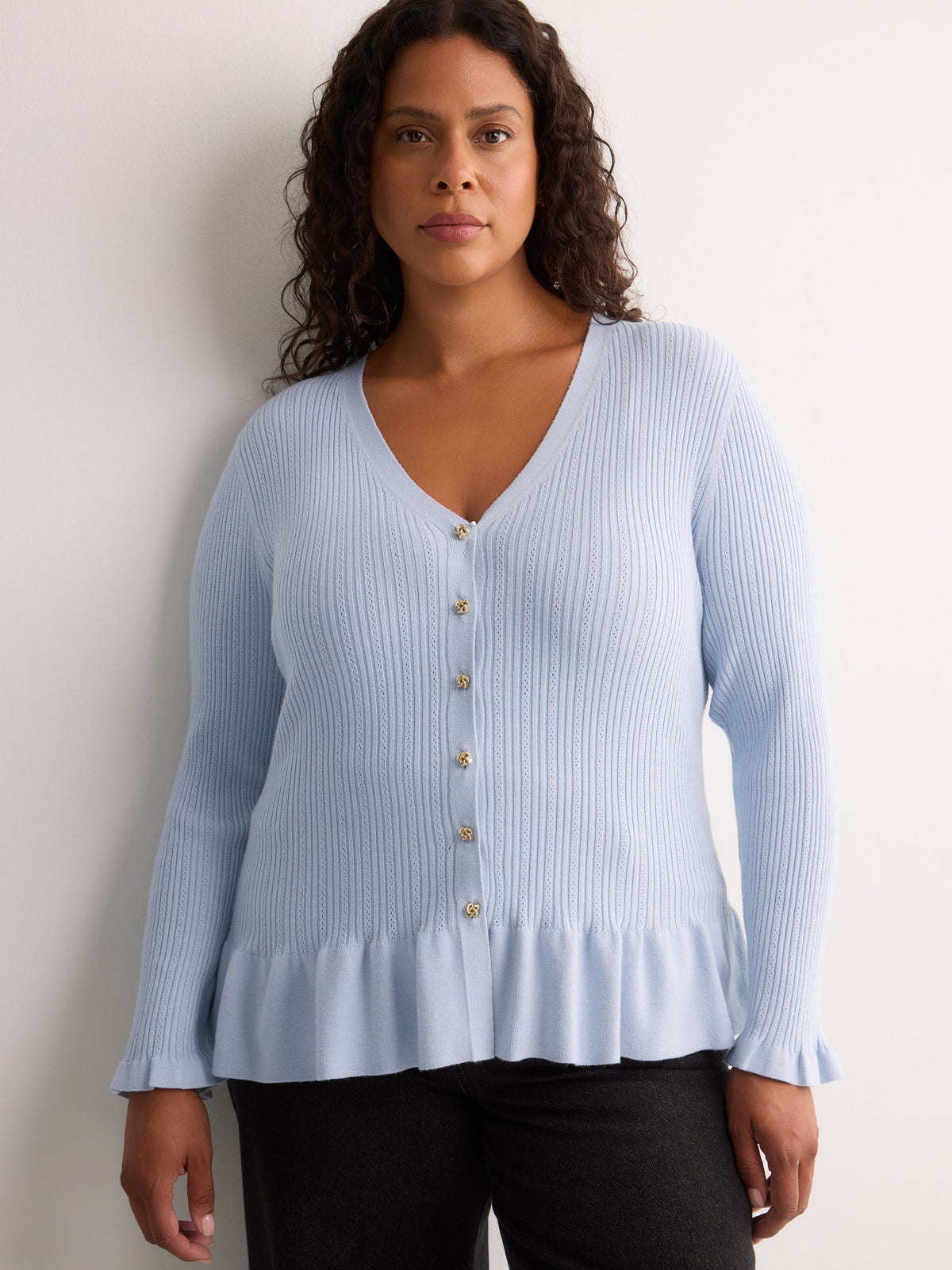 Responsible, Fit and Flare Peplum Button-Down Sweater