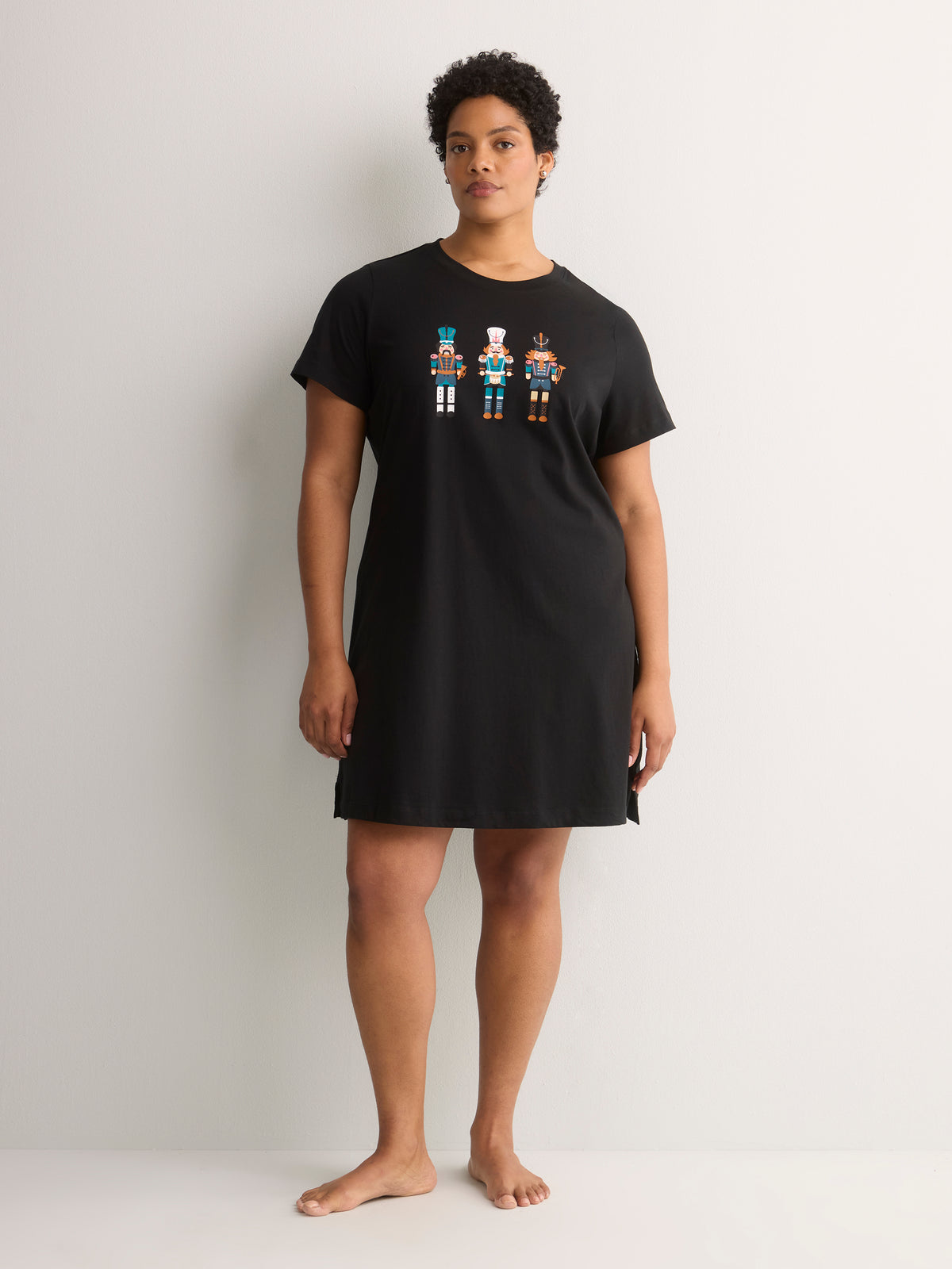 Black Short Sleepshirt with Nutcracker Chest Print - tiVOGLIO