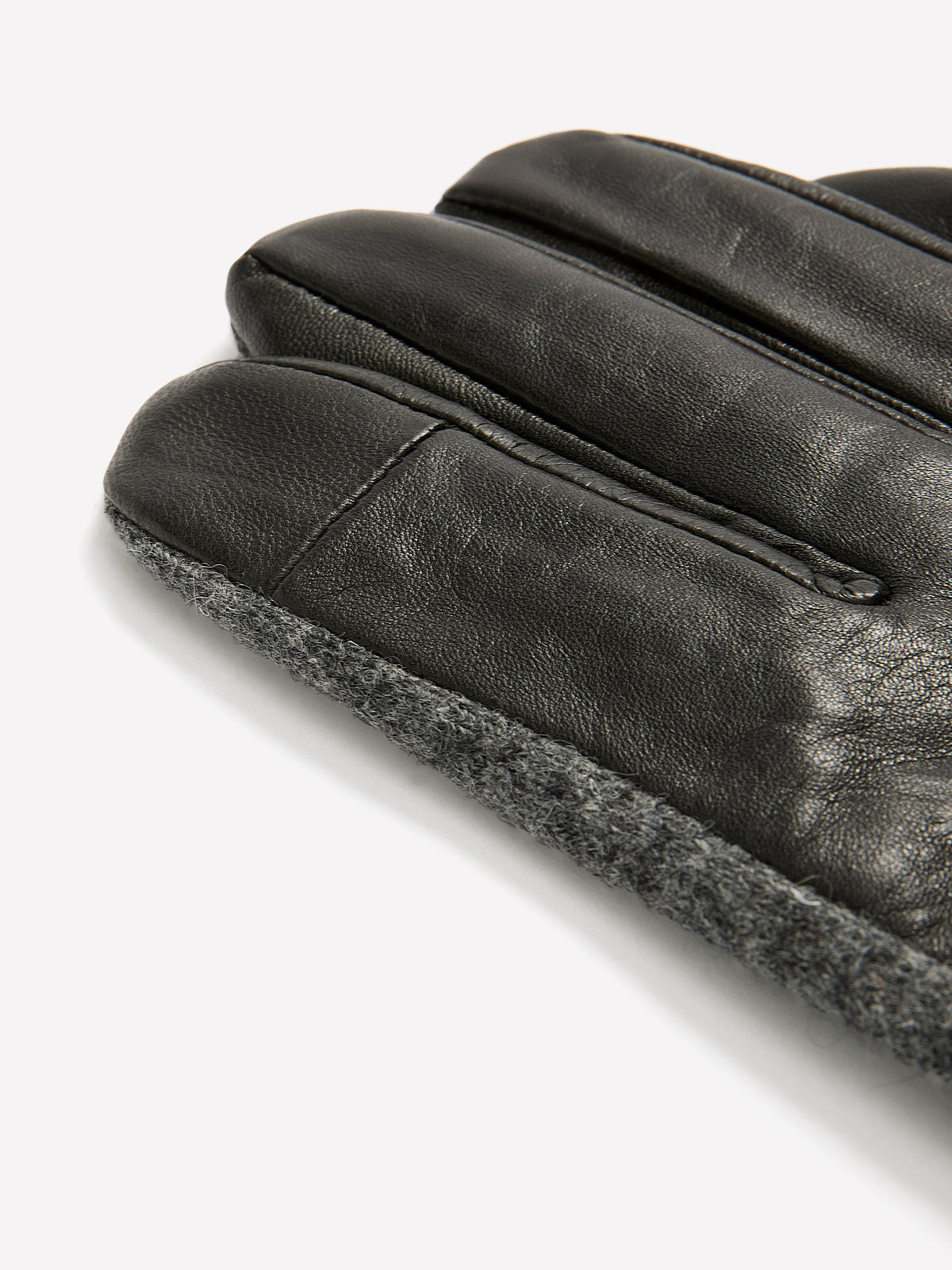 Black and Grey Leather and Knit Gloves with Ribbed Cuffs