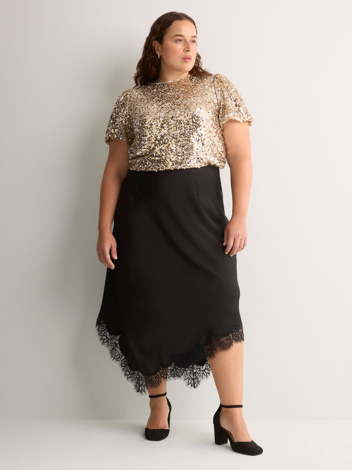 Straight Bubble-Sleeve Sequin Top